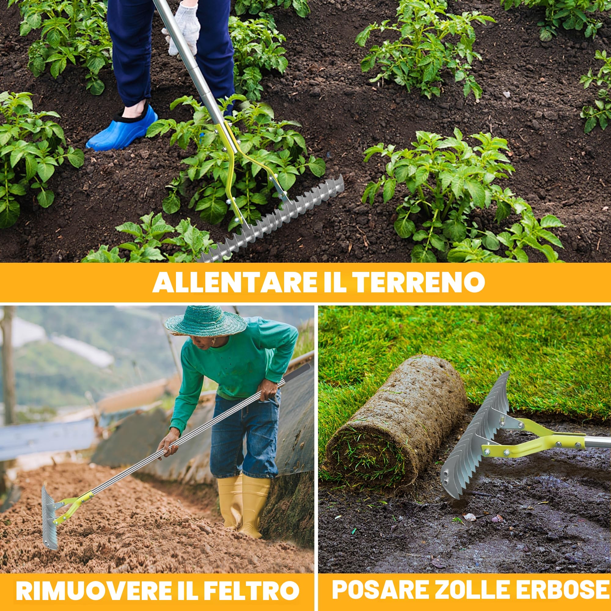 BARAYSTUS Rastrello per paglia e prato con manico regolabile da 148 cm, pinza robusta in acciaio al carbonio, pettine multiuso per diserbo e concimazione