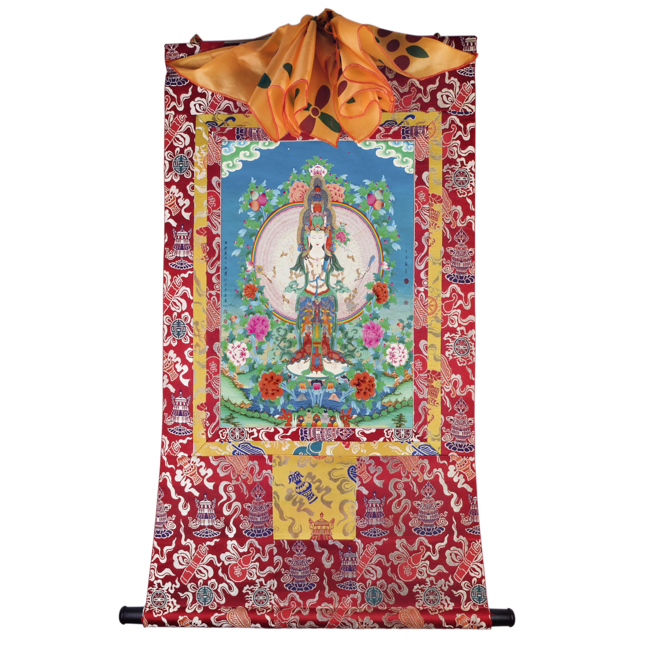 Gandhanra Tibetische Thangka-Kunst–Avalokiteshvara mit 1000 Armen Thangka–Hochauflösender Digital-Giclée-Druck und doppelt handgerahmt - Buddhistische Wandbehang-Tapisserie - 47" x 32"