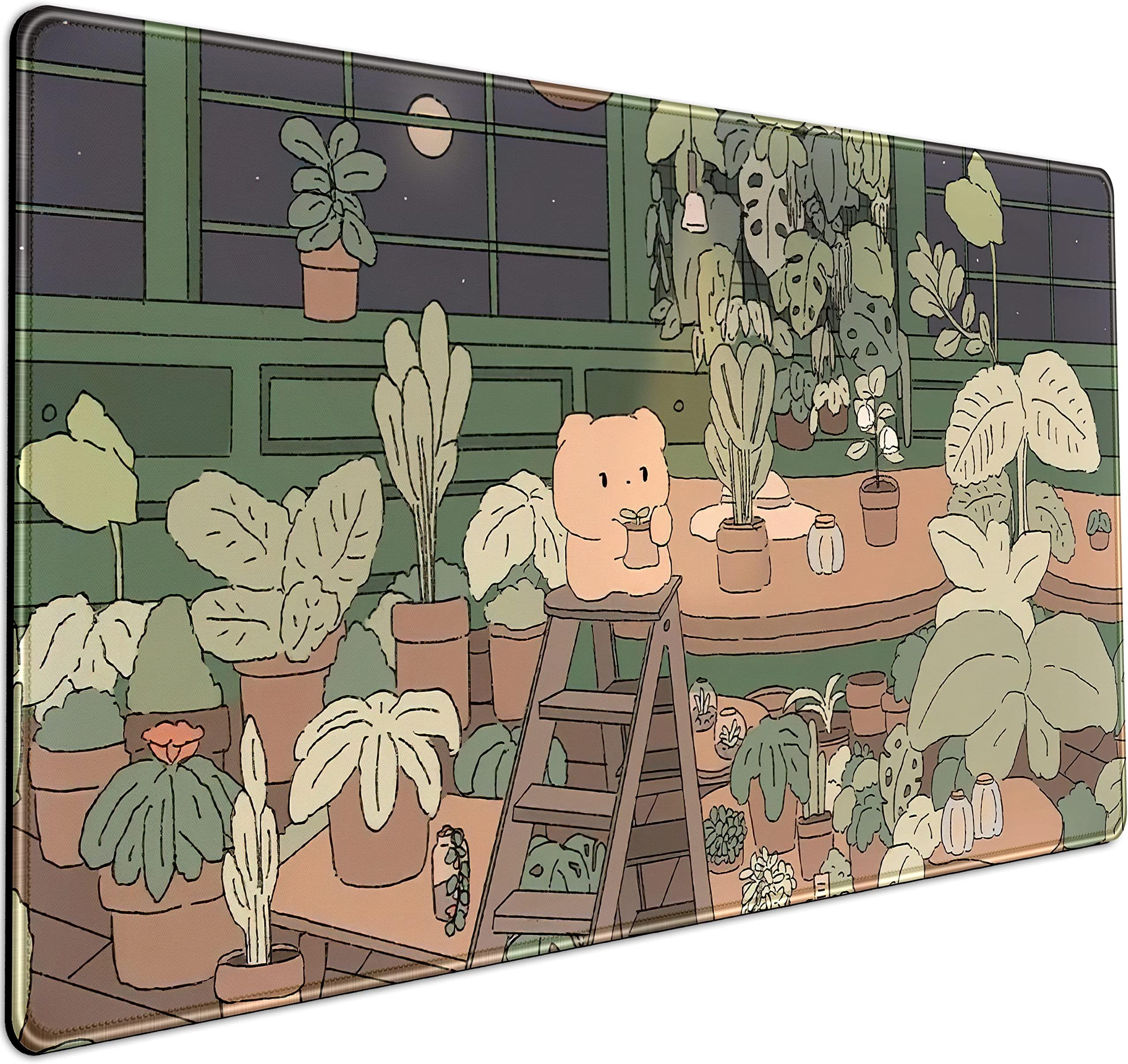 Cute Desk Mat Kawaii Bear Mousepad Cute Anime Plant Desk Protector, Kawai Aesthetic Brown and Green Forest Keyboard Mat, Large Mouse Pad XXL Gaming Desk Pad XL Office Home Decor for Women Girls