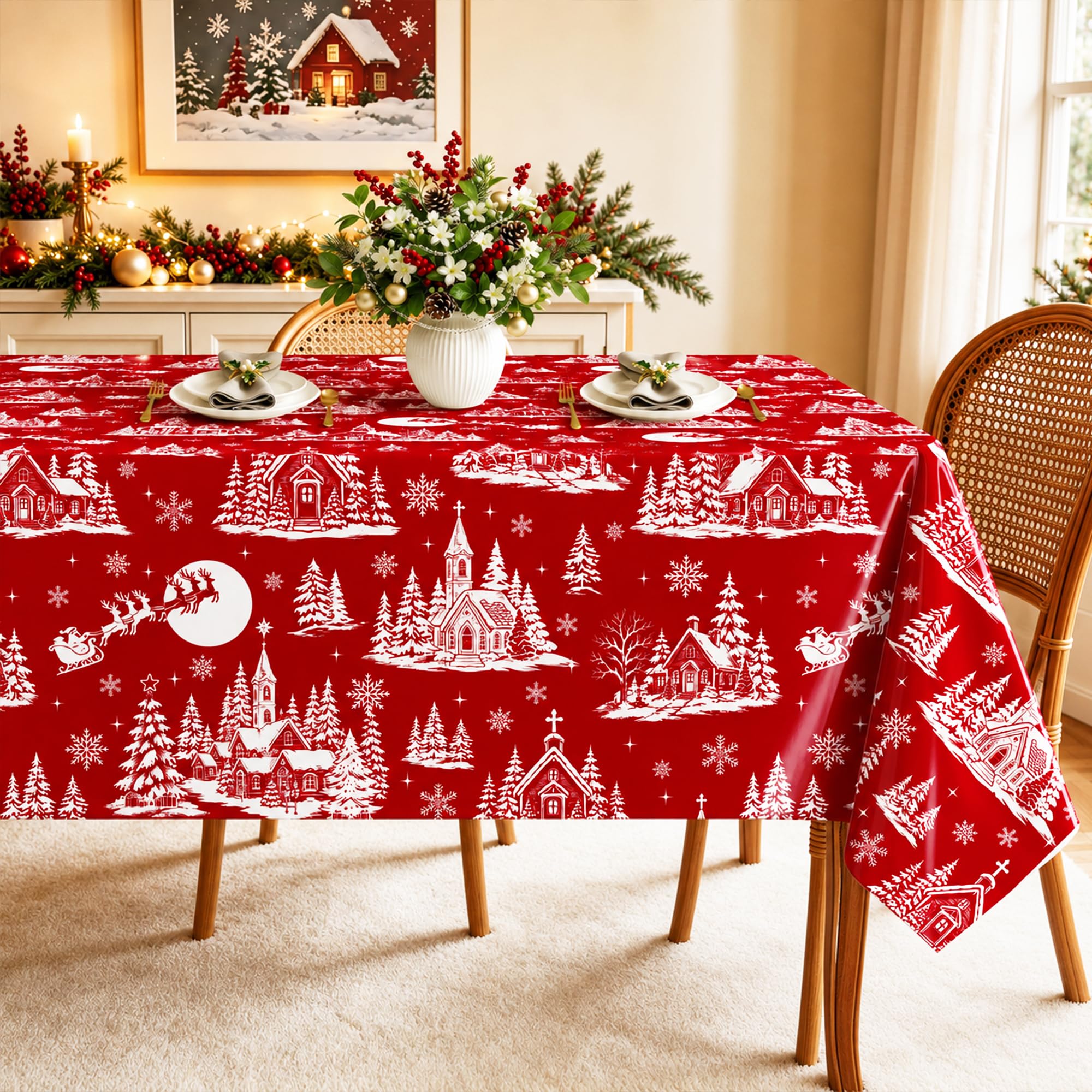 Arquiel Santa Reindeer PVC Table Cloth Waterproof Rectangle 140x220cm