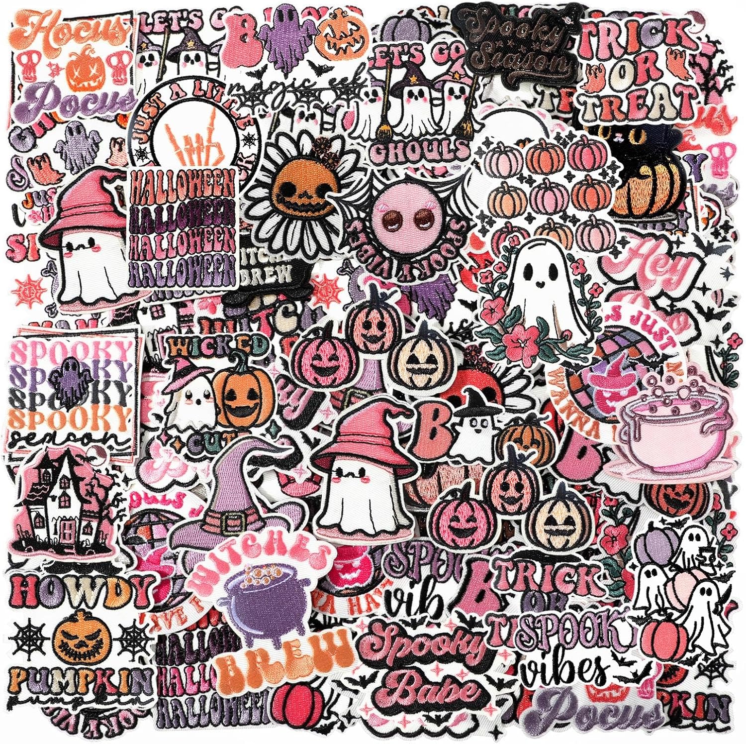 Zeyune 72 Pcs Halloween Iron on Patches Pink Ghost Pumpkin Cat Sew on Embroidered Applique Cute Spooky Pink Halloween Patches for Hat Clothing Backpack Jacket Jeans Pants Decor Ghost Pastel Pink