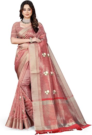 OWLSKY, SASSY &amp; STYLO Women's Latest Elegant Linen Saree Foil Print work with Unstitched Blouse | Traditional Festive Coll...