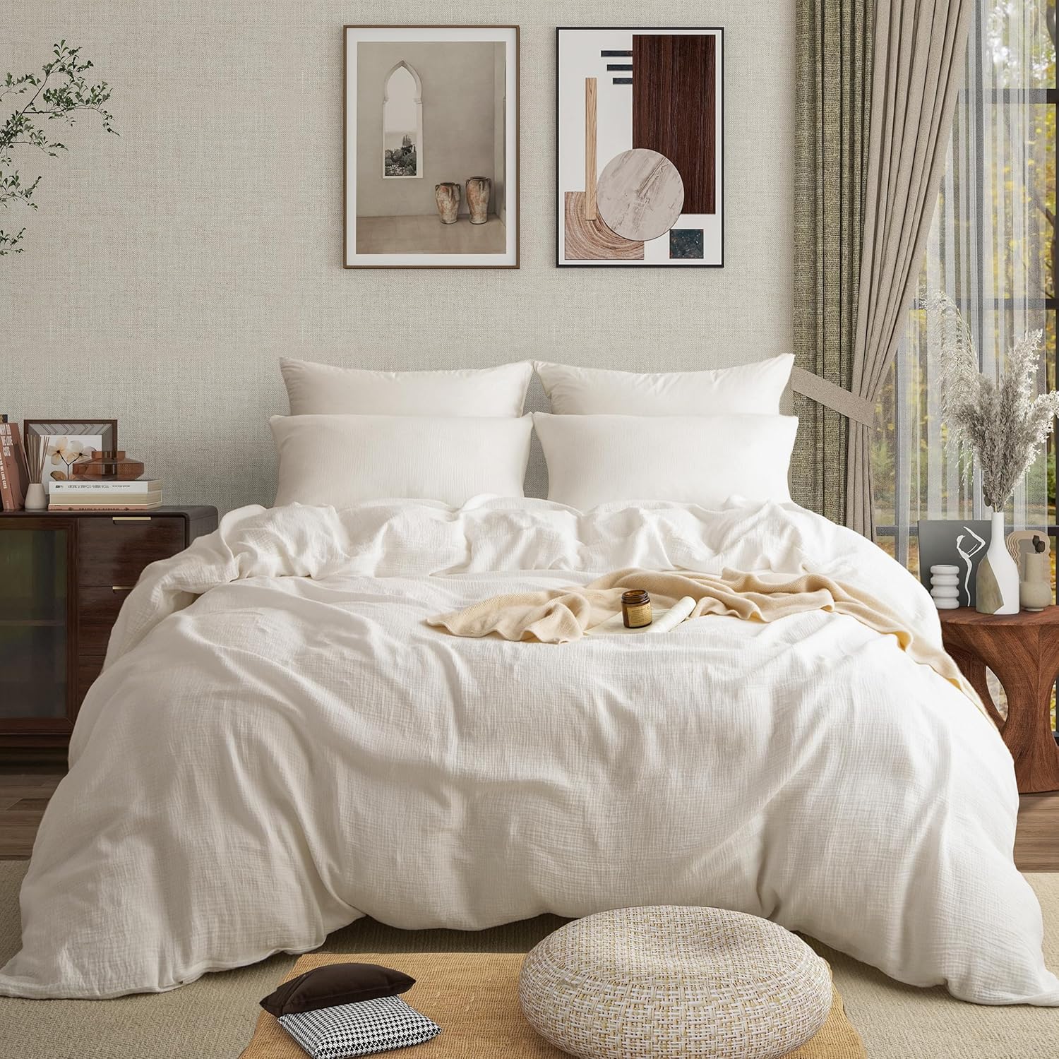 Muslin Duvet Cover 100% Washed Cotton, Queen Size Duvet Cover Set Linen Like, Minimalist Soft Comforter Cover 3 Pieces, Lightweight Gauze Duvet Cover with 2 Pillowcases, 90”x90”, Pure White - Image 2