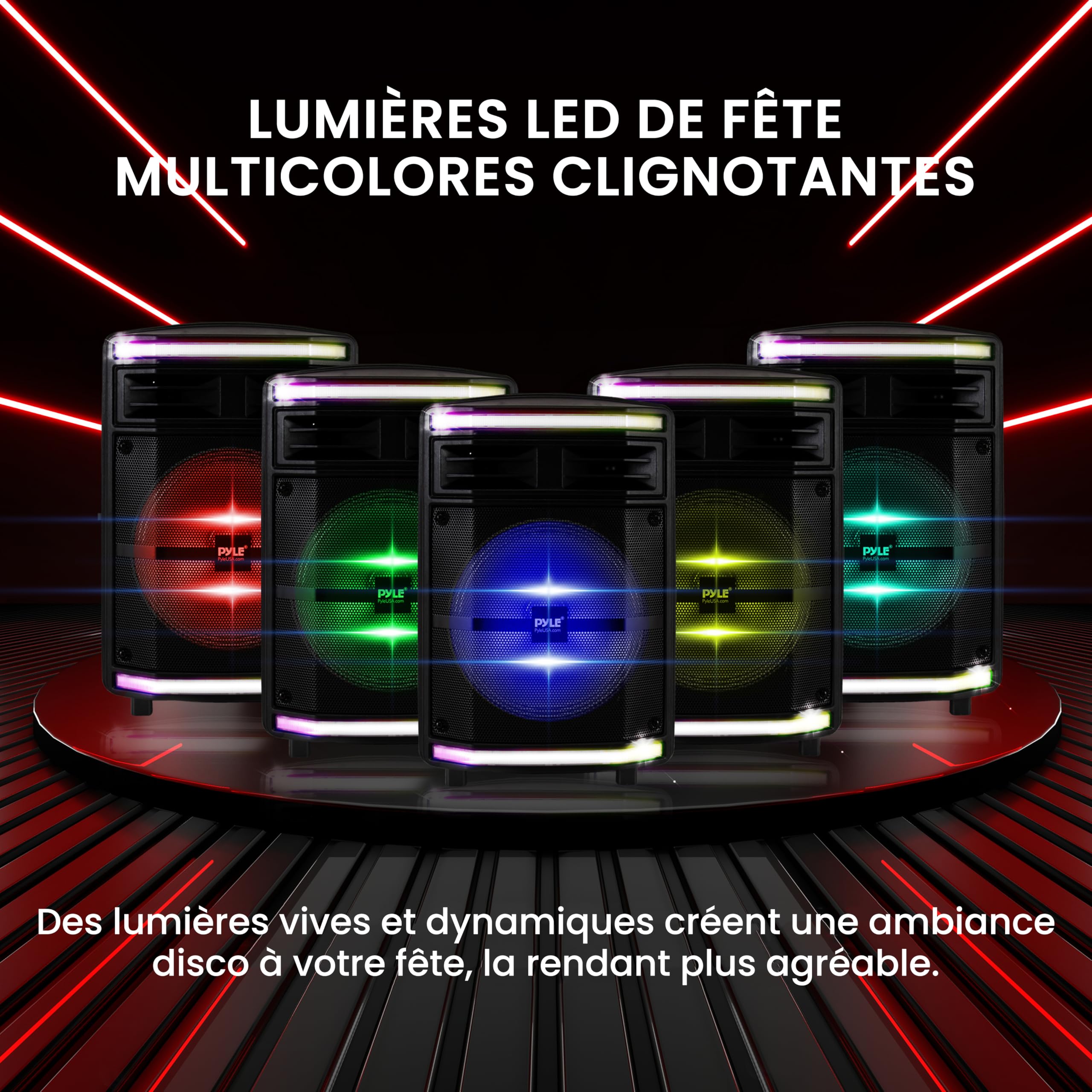 Pyle Enceinte Bluetooth Puissante-600 W, Enceinte Sono Portable, sans Fil, Eclairage LED et avec Roues, SD/USB/AUX, Karaoke Adulte, Noir