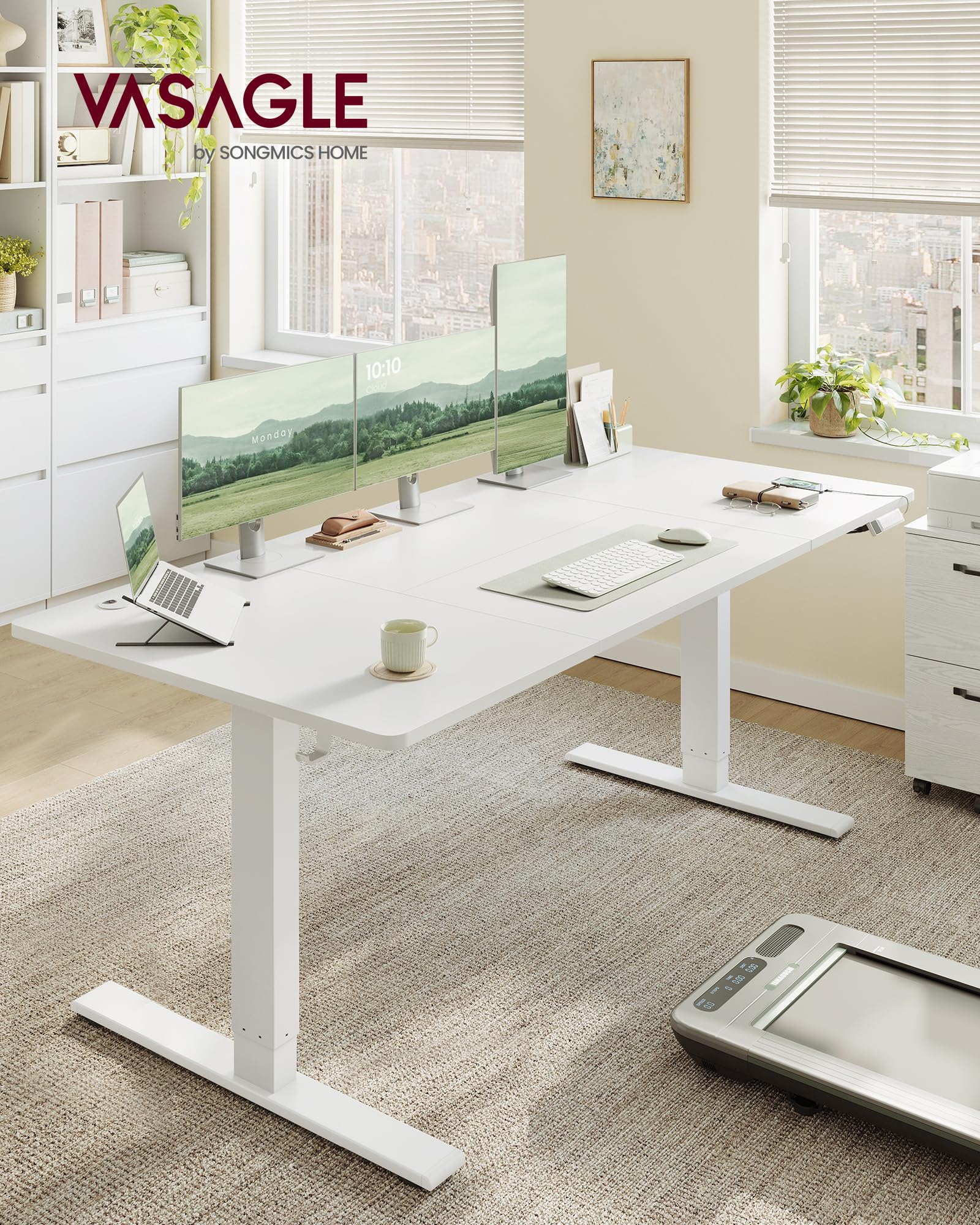 VASAGLE Höhenverstellbarer Schreibtisch, 180 x 80 cm, USB-C-Anschluss, Ablage für Steckdosenleiste, Stehtisch, Erinnerung bei langem Sitzen, 3 Speichertasten, für Büro, mattweiß LSD148WZ02