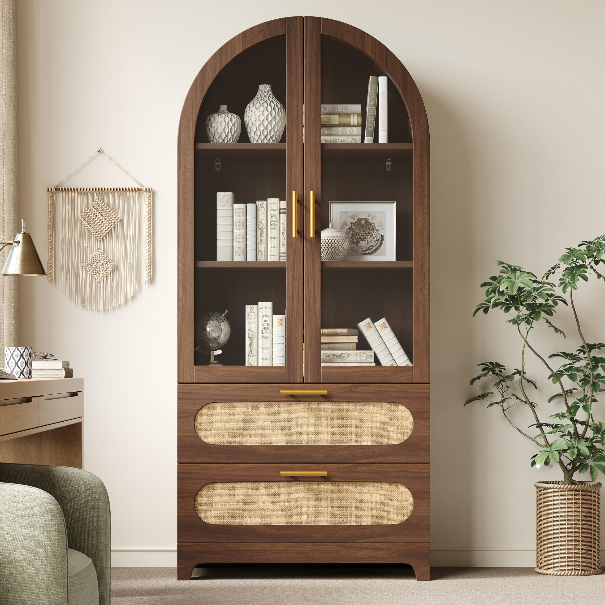 Vitrine mit Montmartre-Bogen, 175X80X40cm, Bücherregal mit 2 Schubladen & verstellbaren Böden, Retro-Design, Nussbaum