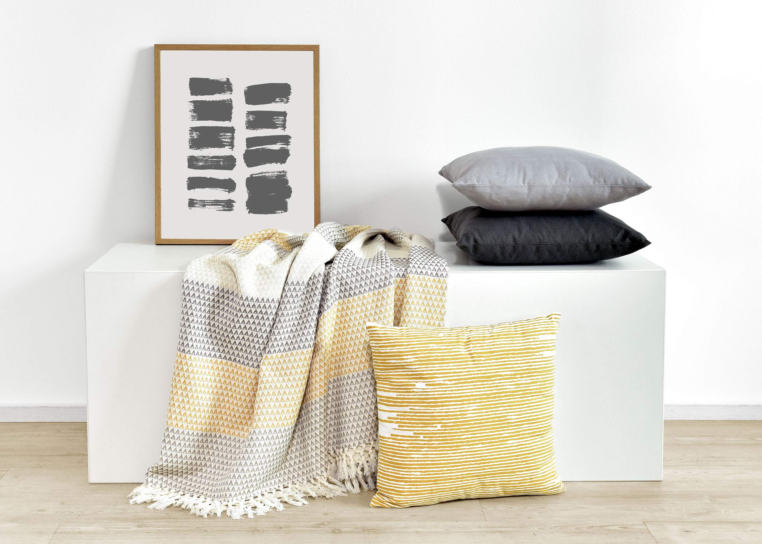 Plaid Dana, 150x200 cm, Blanco Marrón Amarillo, Estampados, Boho, Algodón, Manta Suave, Manta de Sofá, Colcha de Picnic