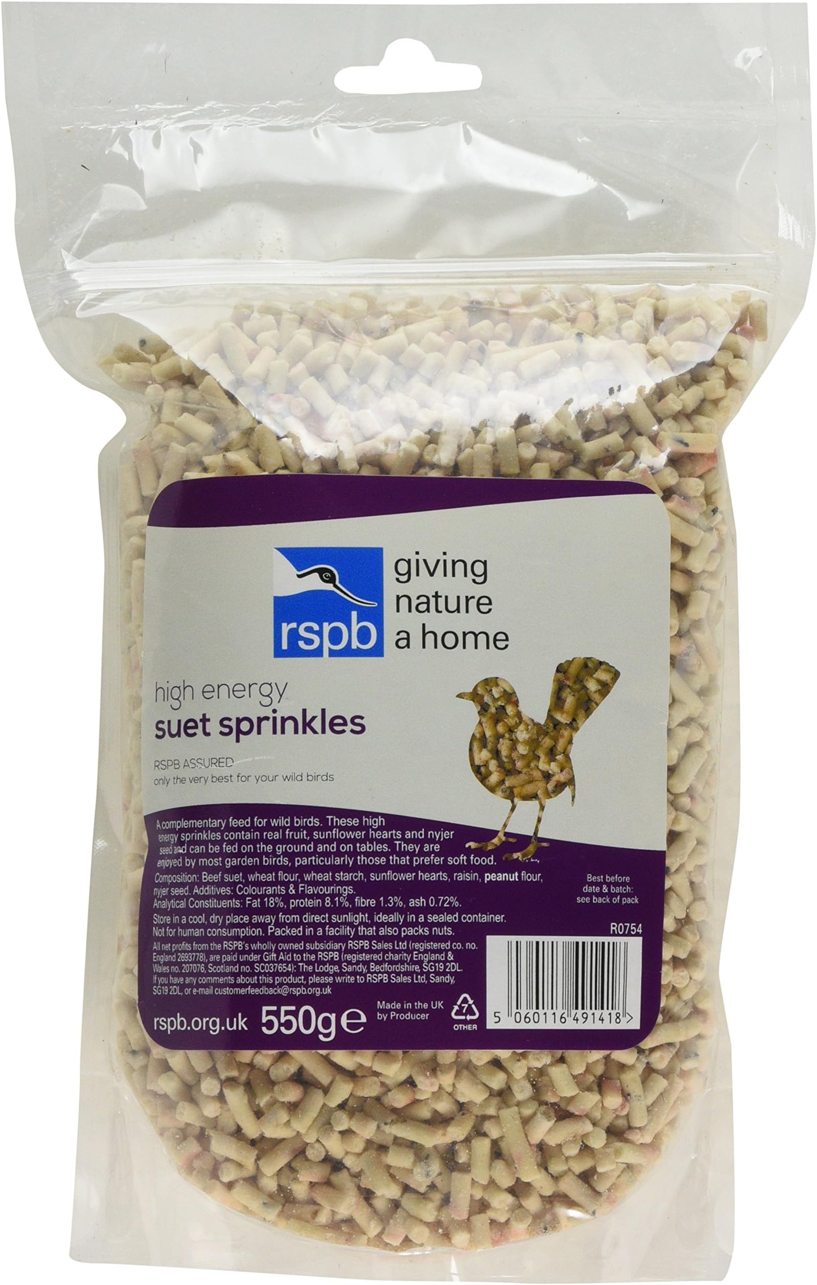 RSPBHigh Energy Sprinkles Wild Bird Food, 550 grams, Contains Premium UK Suet, mixed with Raisins, Nyjer Seed & Sunflower Hearts, Supporting the RSPB Charity in Resealable & Recyclable Pouch