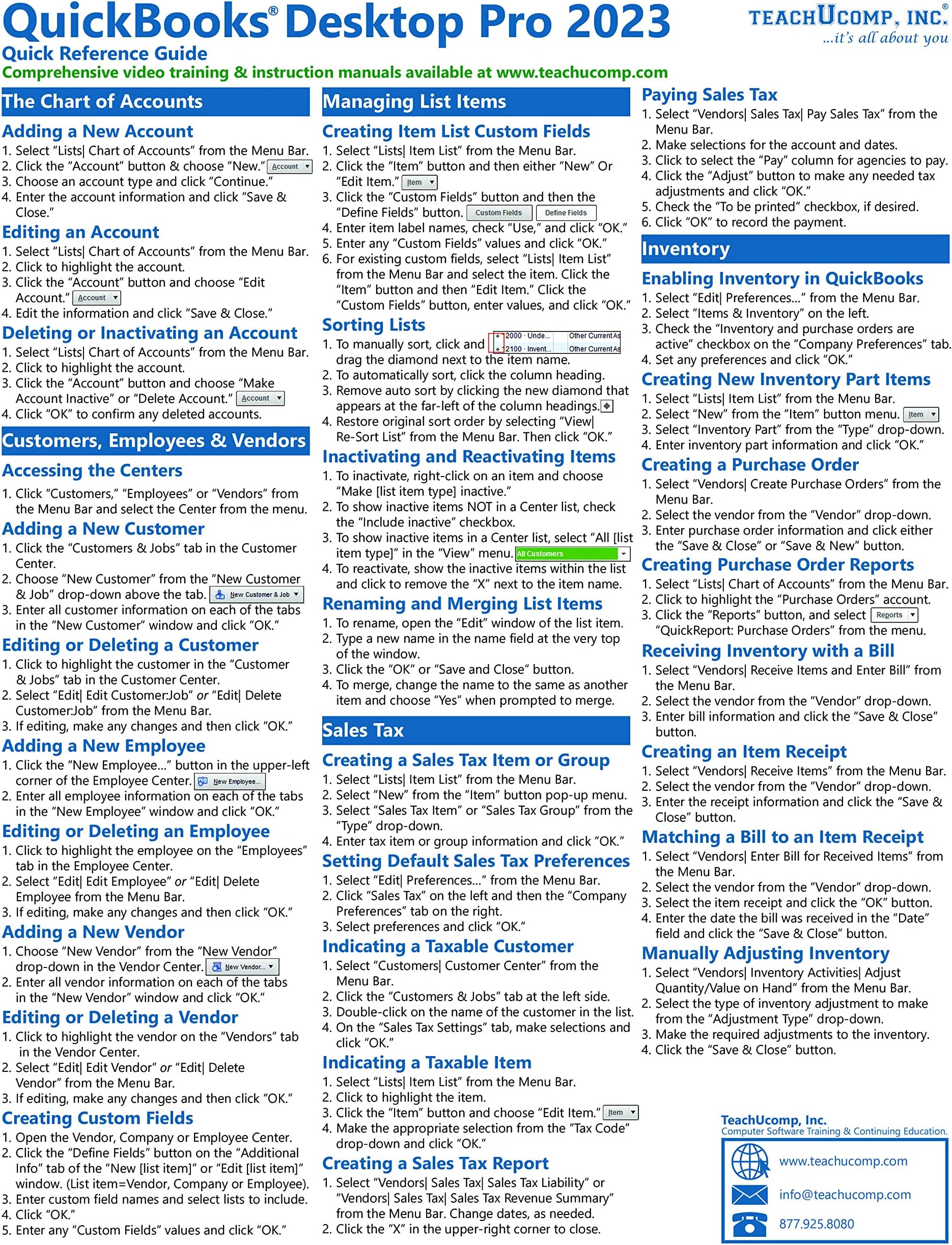 QuickBooks Desktop Pro 2023 Quick Reference Training Card - Laminated Tutorial Guide Cheat Sheet (Instructions and Tips)