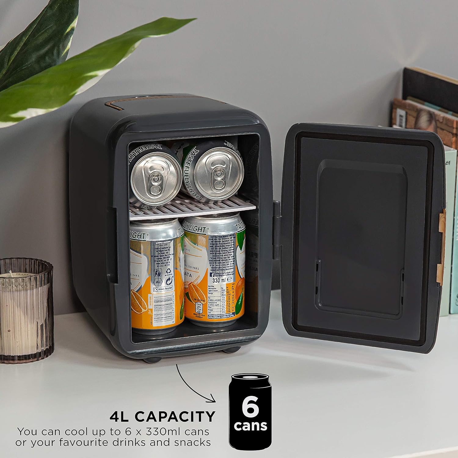 Russell Hobbs RH4CLR1001SCG 4L/6 Can Mini Portable Cooler & Warmer for Drinks, Cosmetics/Makeup/Skincare, AC/DC Power, Scandi Style, Grey & Wood Effect, For Bedroom, Home,... - Image 4