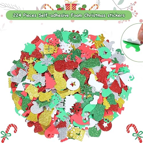 Miniatura 3 de Outus 224 calcomanías de espuma con purpurina de Navidad, autoadhesivas, árbol de Navidad para niños, copo de nieve, Papá Noel, campana, jengibre,