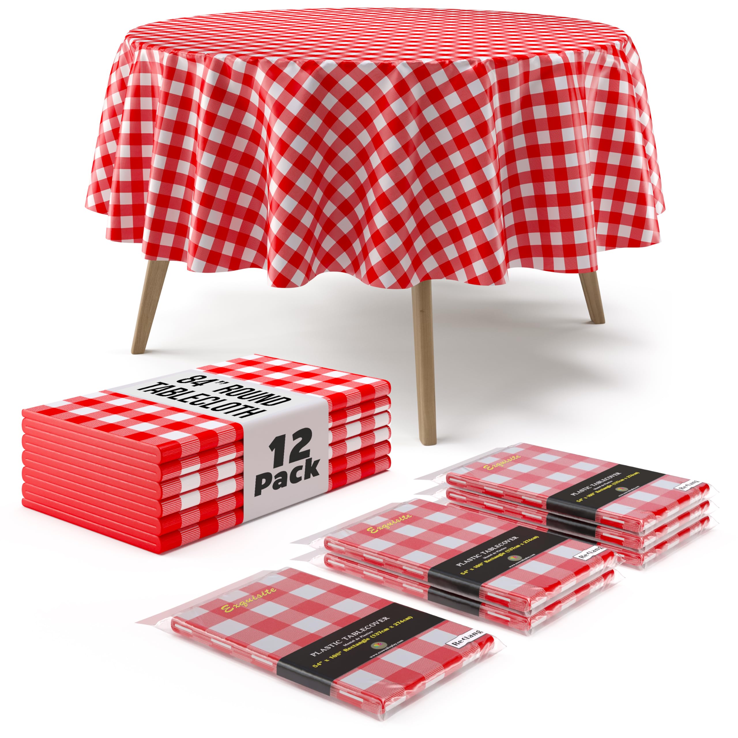 Exquisite Picnic Table Cover - 12 Pack Premium Round Tablecloth - Red & White Checkered BBQ Plastic Table Cover - Gingham Checkerboard Disposable Plastic Tablecloth 84 inch. Round