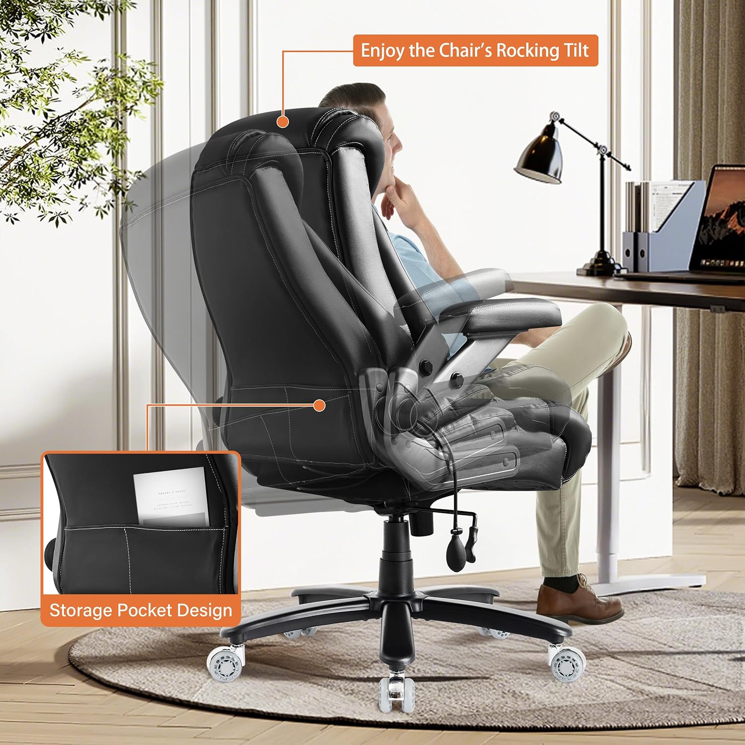 600LBS Large Big and Tall Office Chair, Heavy Duty Wide Ergonomic Gaming Office Chair with 5D Flip Arms, Comfy PU Leather Executive Office Desk Chair, Extra Wide Padded Seat, Adjustable Lumbar