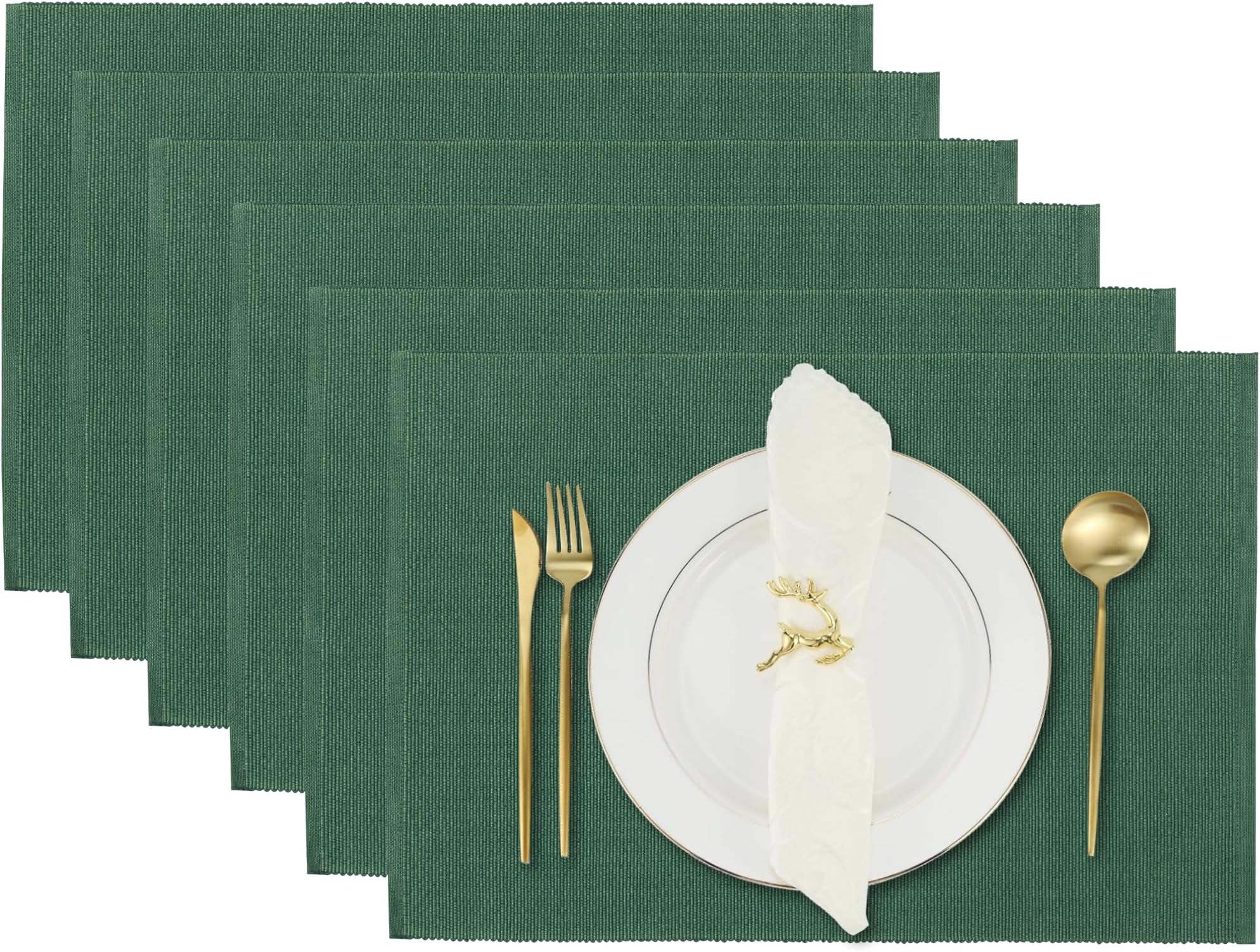Kitchen Table Mats Set of 6, Cotton Reversible Cloth Placemats for Dining Table 13x19 inches - Foliage Green