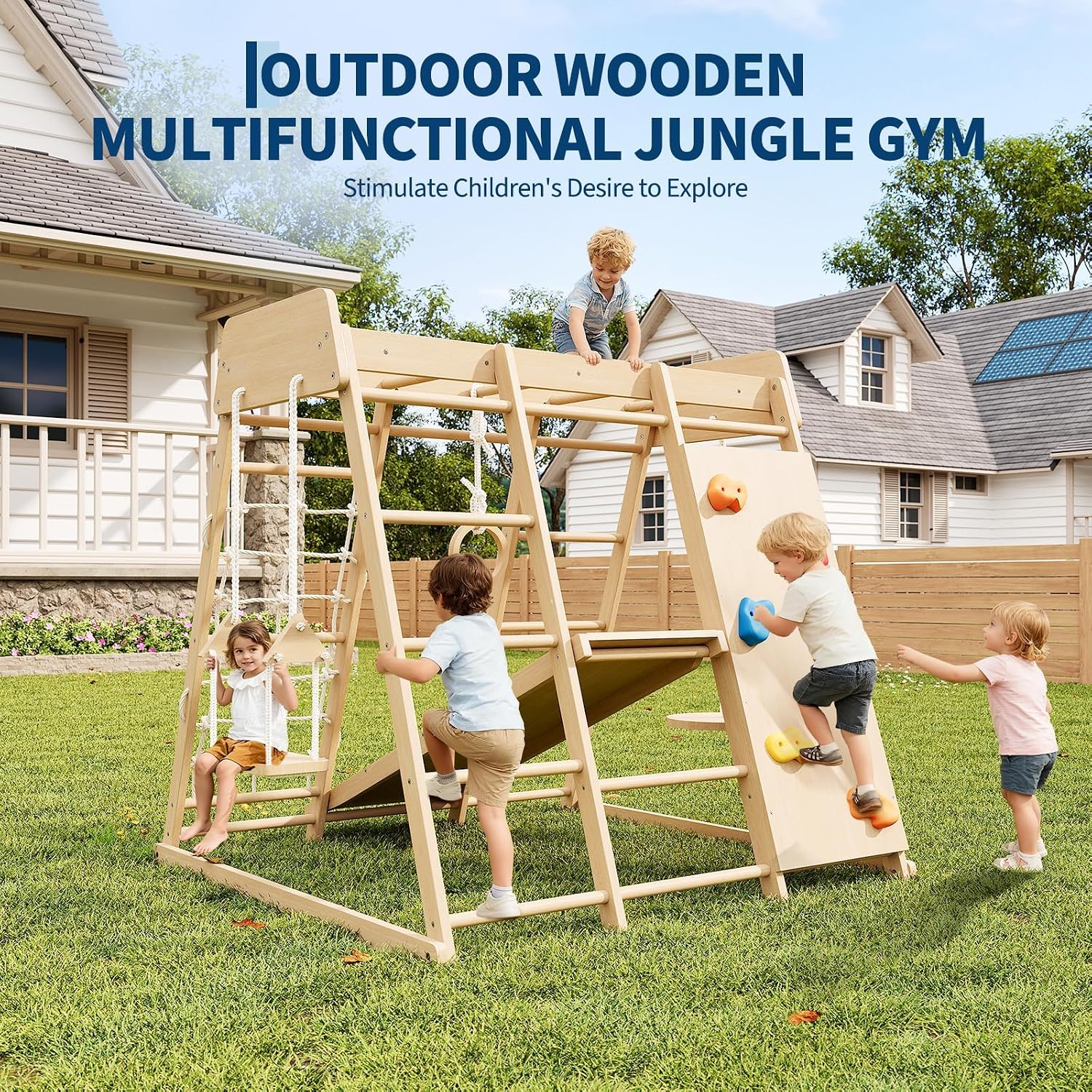 8-in-1 Indoor Playground Jungle Gym Kids Climbing Toys, Wooden Climber Playset with Slide, Swing, Monkey Bars & Climb Net, Natural Wooden Design, Perfect Birthday Toys for Kids