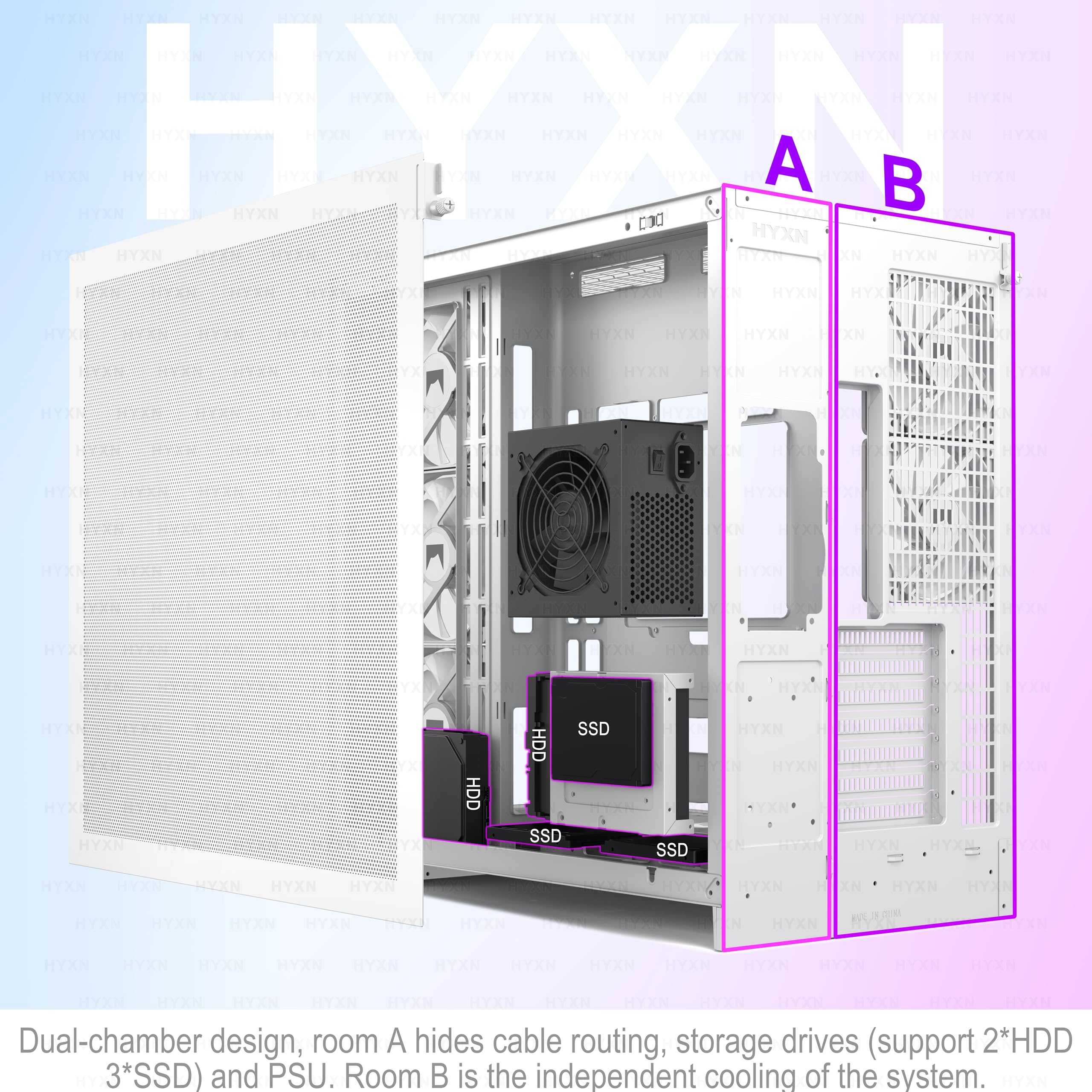 H2(2026)HYXN Boitier PC–Avec 8 Ventilateurs PWM RGB(6x140mm et 2x120mm)Grand boîtier PC ATX Mid-Tower à Double Chambre pour Flux d'air,prise en charge d'un Radiateur de 420mm,Type-C 3.2(Blanc,H2-ARGB)