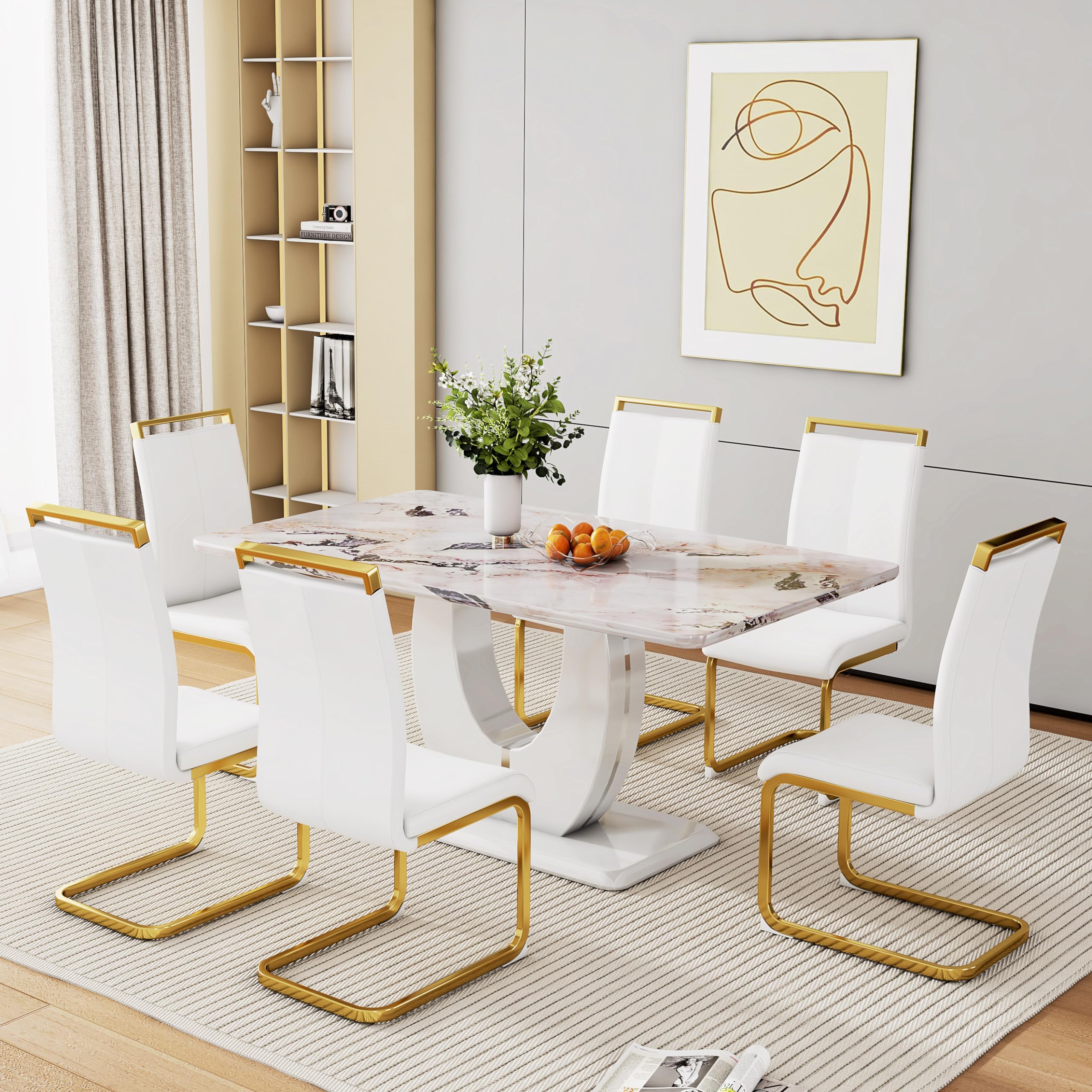 Dining Table Set for 6, Kitchen Table Chairs Set of 6, Modern Dining Room Set with 63'' Marble Dinner Table PU Leather Upholstered Chairs for Kitchen