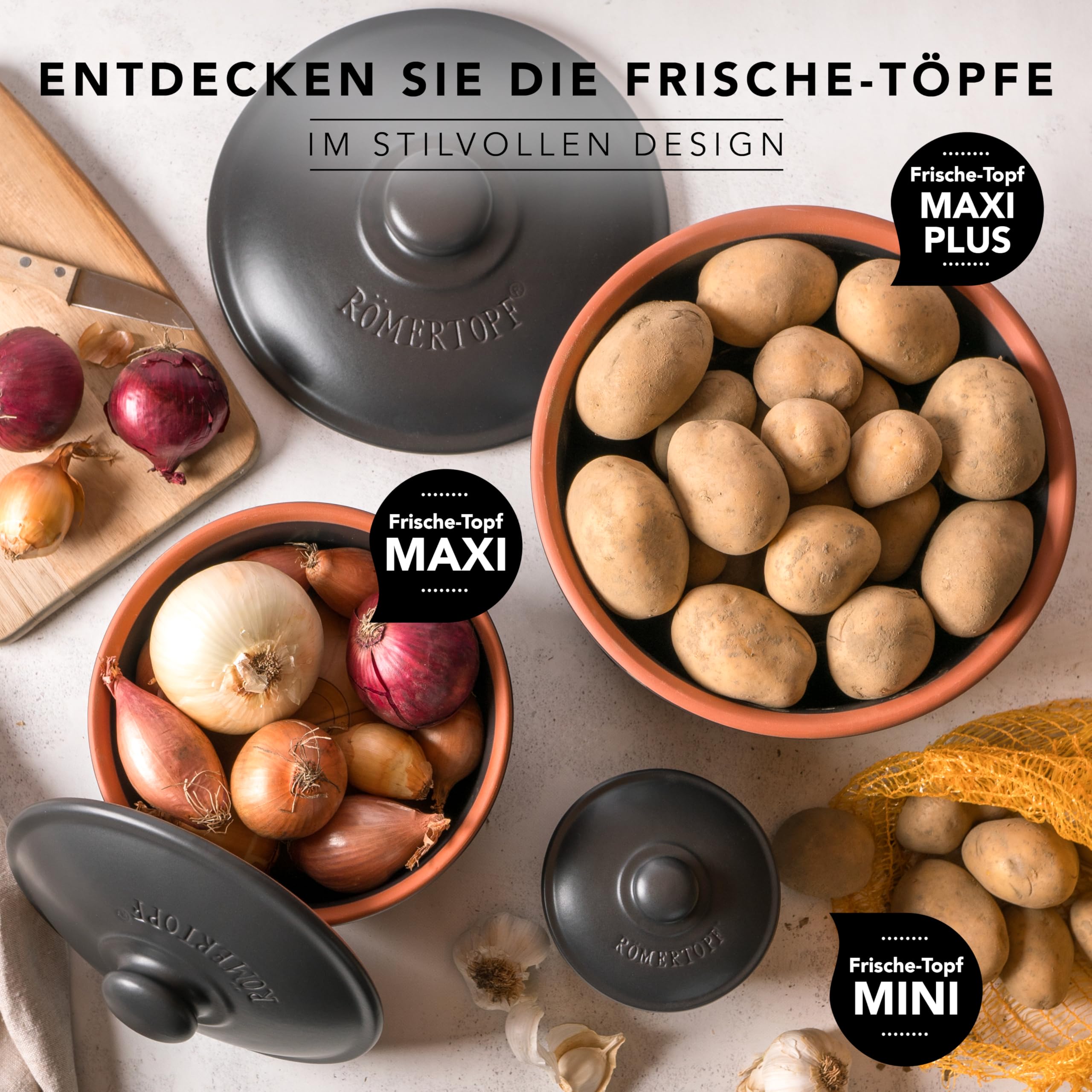 Römertopf Set 3 Contenitori Freschezza in Ceramica – Porta Aglio, Cipolle e Patate, Conservazione Naturale e Traspirante, Nero, tradizione dal 1967