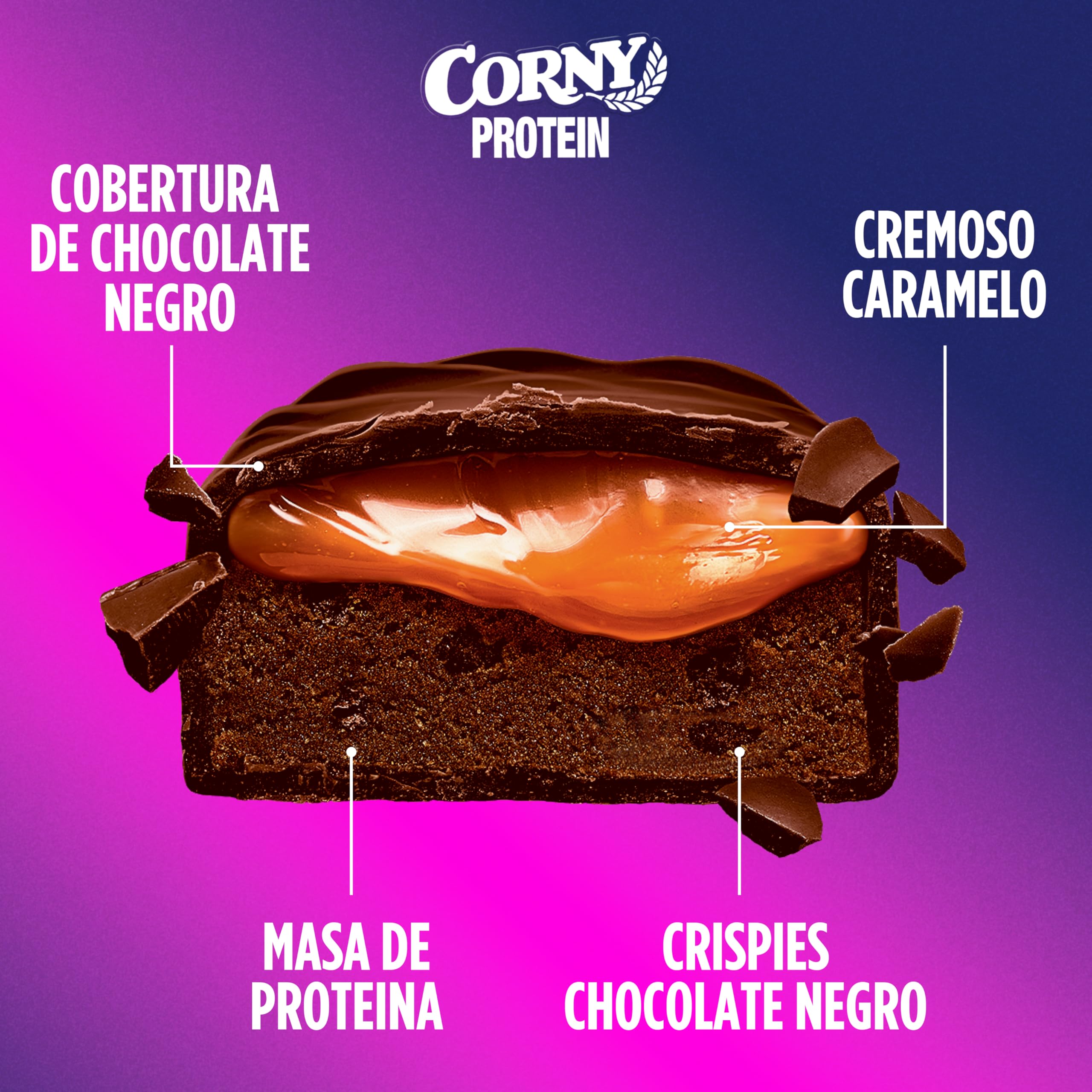 Barritas de Proteínas, Corny Protein,Soft Chocolate Negro con Brownie,13,5 gr de Proteínas, 0% Azúcares Añadidos, Ayudan al Desarrollo y Recuperación de la Masa Muscular, Pack 12x45g, Taste the Power