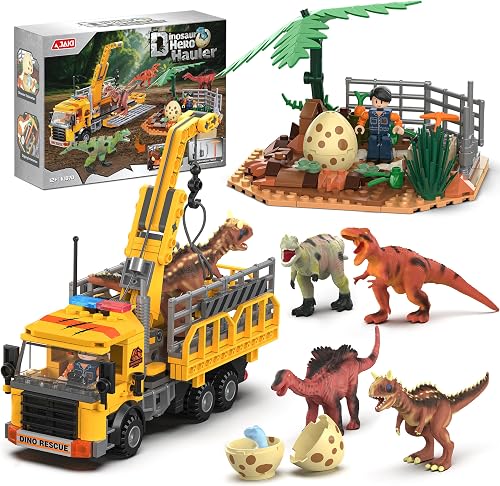 Dinosaurs Building Blocks Set Gifts for Kids Boys Teen Adults | Dinosaur Hero Hauler Truck with Crane Hatching Eggs, Dinosaur Toy Rescue Transport with Dinosaur Park World(504 Pcs)