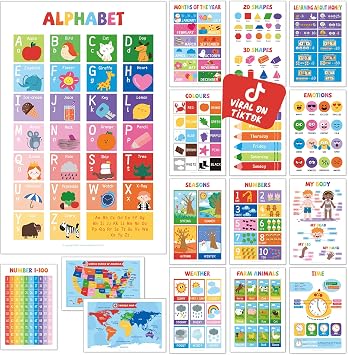 UNCLE WU 16 Pack Laminated Educational Posters for Toddlers, 17 x 11 Preschool Classroom Posters with ABC Alphabet, Numbers 1-100, Shapes, Colors, USA & World Maps, Homeschool Supplies