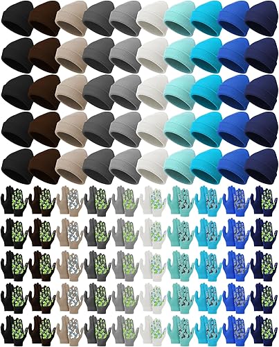 Paquete de 100 gorros y guantes antideslizantes para niños, gorro de punto cálido, guantes de invierno a granel para niños y niñas