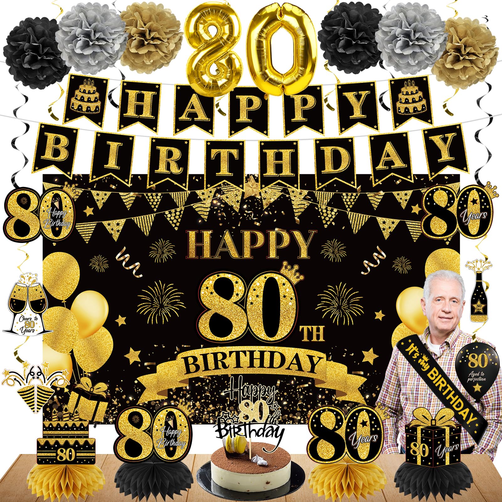 Eucutur 42PCS 80th Birthday Decoration Kit for Men Women, Black Gold Happy 80th Bday Banner Balloons Honeycomb Centerpiece Swirl Paper Pompoms Party