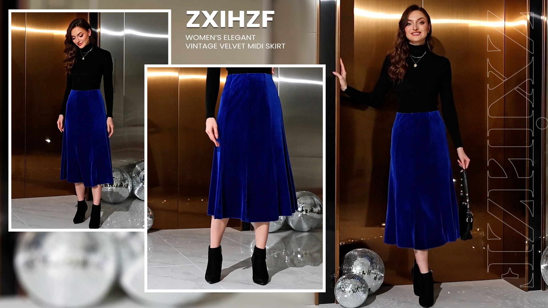 ZXIHZF Women's Elegant Vintage Velvet Midi Skirt Flowy 8-Panel