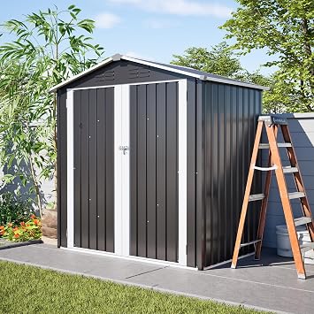 6x4 Outdoor Storage Shed, 6x4 FT Galvanized Metal Garden Shed with Lockable Double Door & Floor Base, All-Weather Utility Tool Shed with 4 Vents for Backyard, Patio, Lawn, Gray