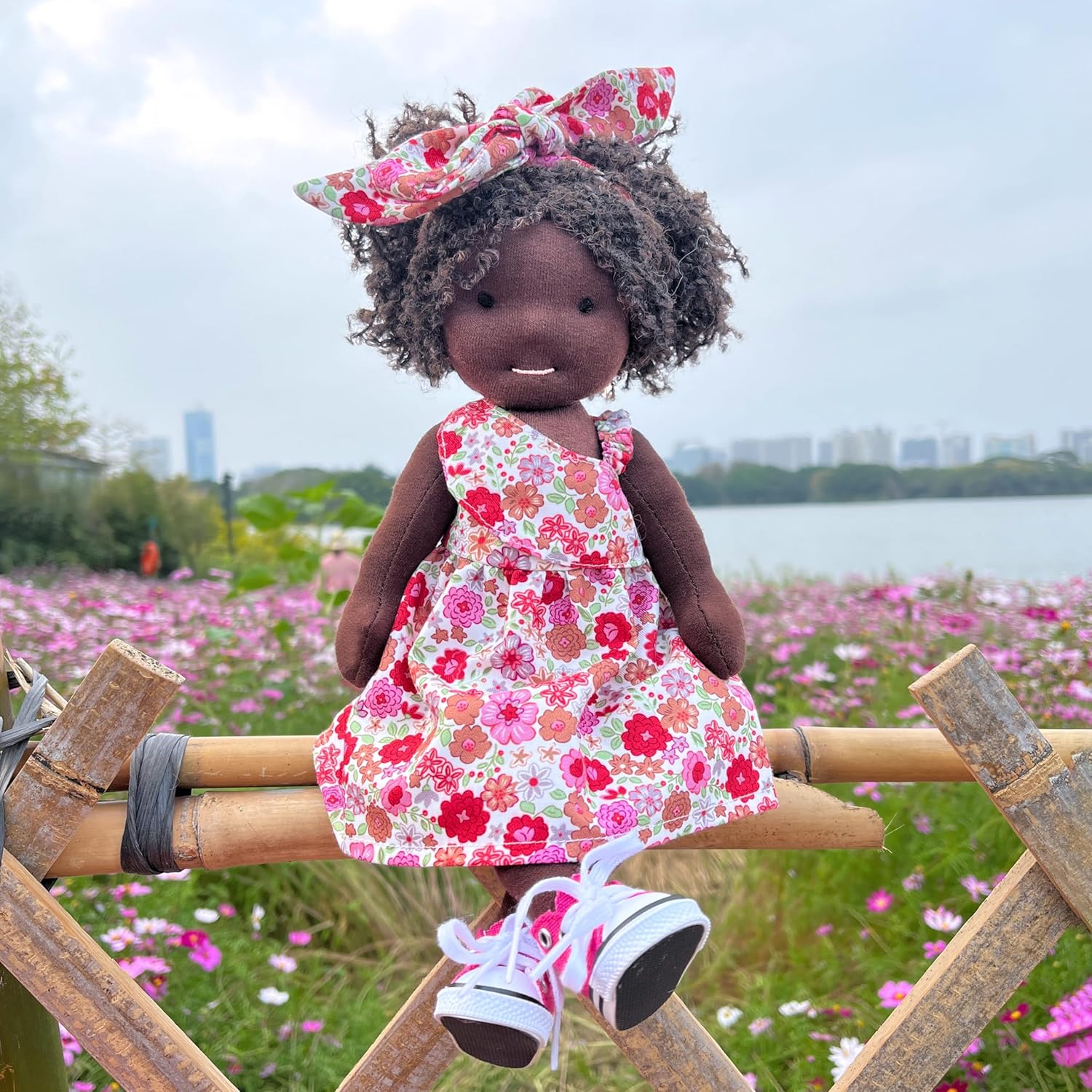 BlissfulPixie Handmade Birthday Present for Girl Black Doll Waldorf Collect Rag Doll with Exquisite Box-Dezi 12"