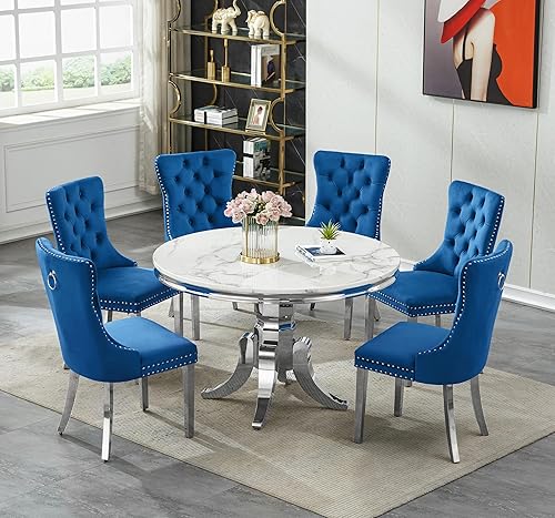Juego de mesa de comedor redonda de mármol blanco para 6, mesa de comedor redonda de lujo de mármol de 45 pulgadas con 6 sillas de terciopelo azul,