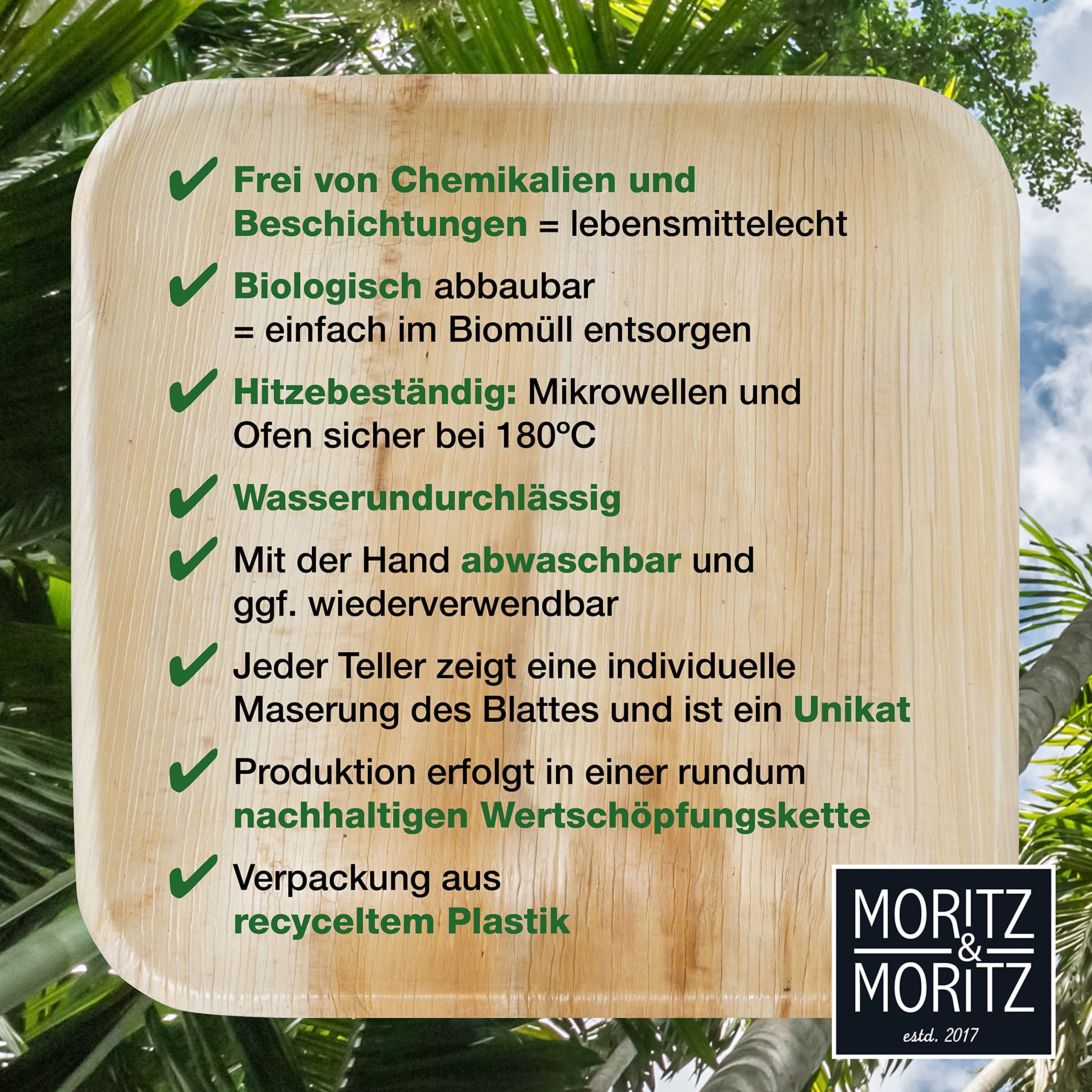 Moritz & Moritz Talerz z liści palmowych prostokątny 25 x 25 cm - 25 ekologicznych talerzy jednorazowych - alternatywa dla talerzy bambusowych i naczyń bambusowych