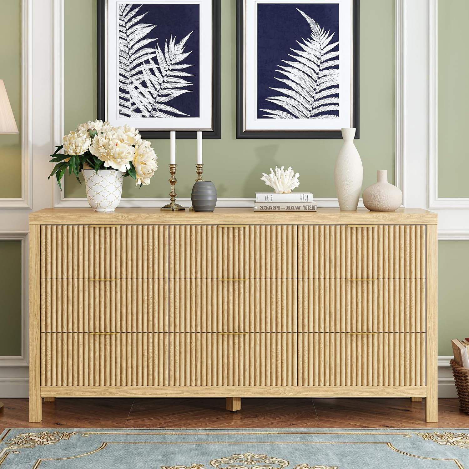 ZXSHD 9 Drawers, Modern Large Chest Mid Century Modern Dresser TV Stand, Storage Organizer Dresser with Solid Natural Wood Legs for Bedroom, Living Room, Hallway, Natural Oak