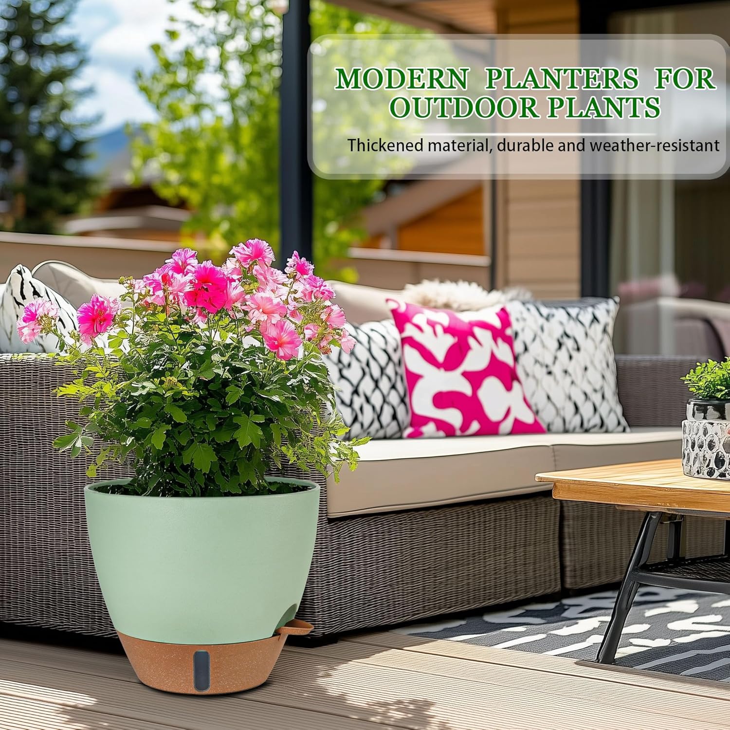 2 Pack 10 inch Plant Pots, Plastic Self Watering Planters with Drainage Holes, Deep Reservoir, Water Level Indicator, Modern Decorative Flower Pots for Indoor Outdoor Plants (Green, 10 inch)