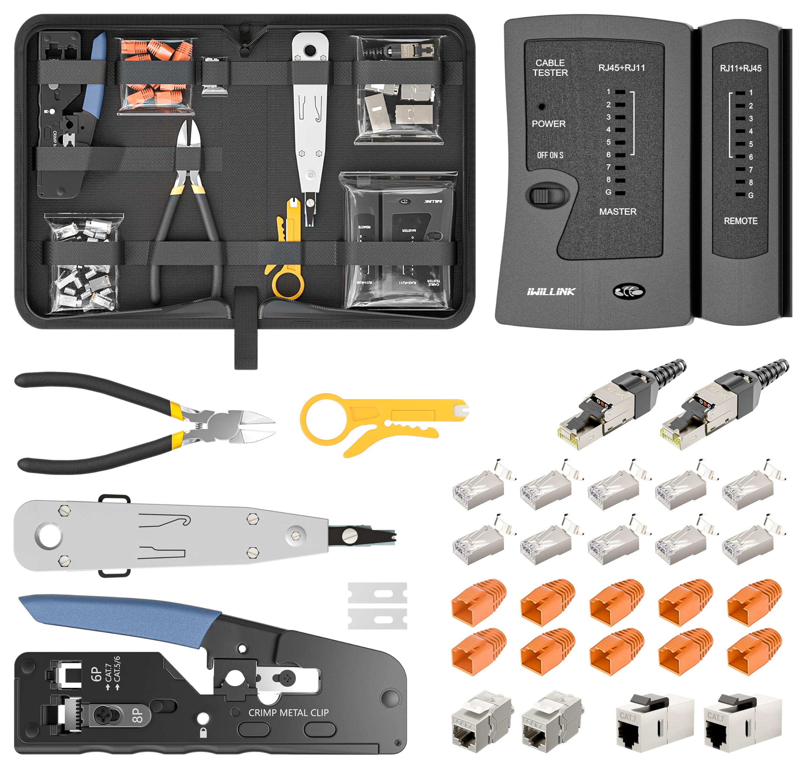 iwillink Netzwerk Werkzeug Set, RJ45 Crimpzange für Netzwerkstecker | Mit Crimpzange, Cat 7 Stecker, RJ45 Stecker Werkzeuglos, Keystone Modul, Auflegewerkzeug, Netzwerktester für RJ45/11/12 Kabel