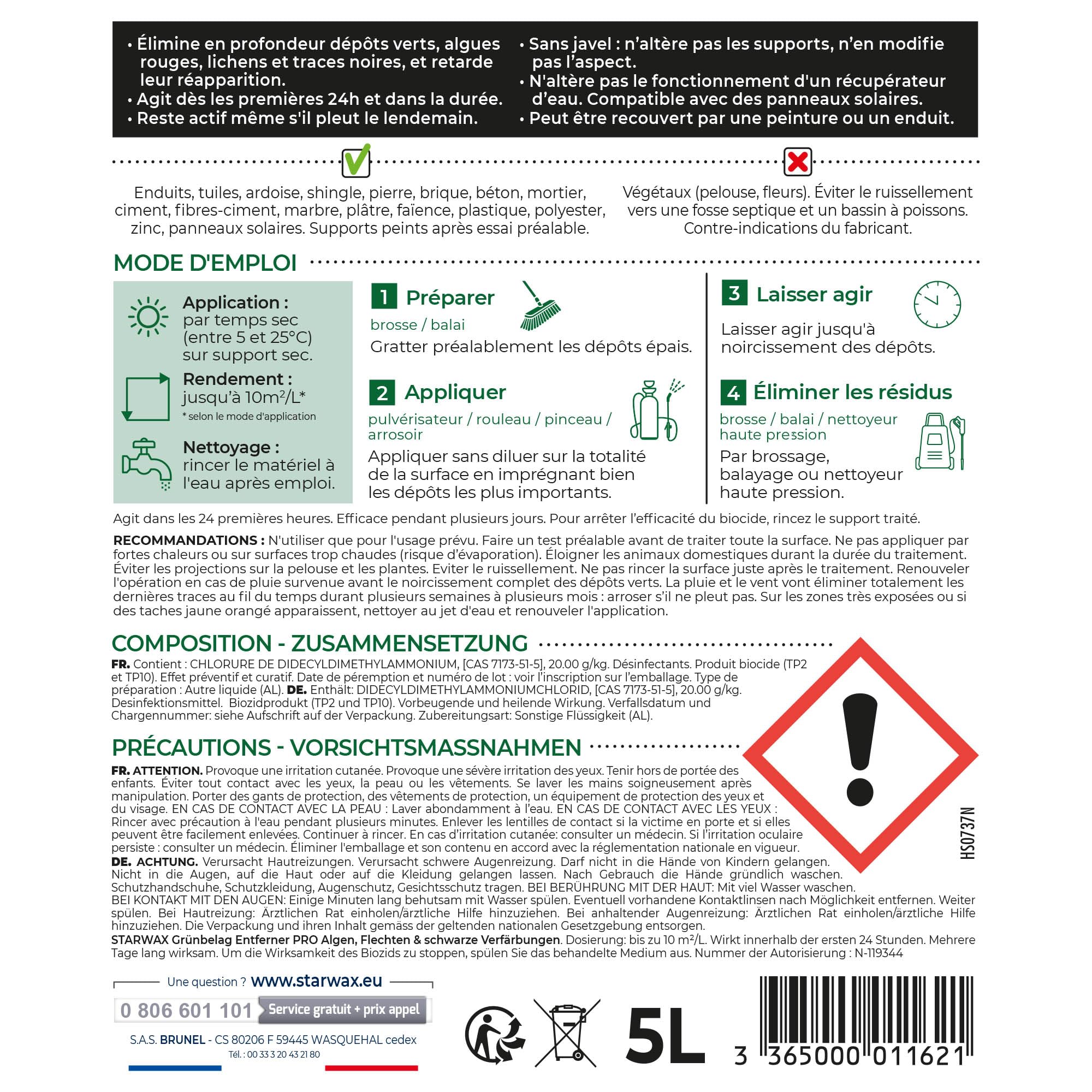 STARWAX Destructeur de dépôts verts rouges lichens et traces noires 5L, prêt à l'emploi, toitures murs et sols extérieurs, action algicide curative et préventive, sans javel et sans rinçage, 10m²/L