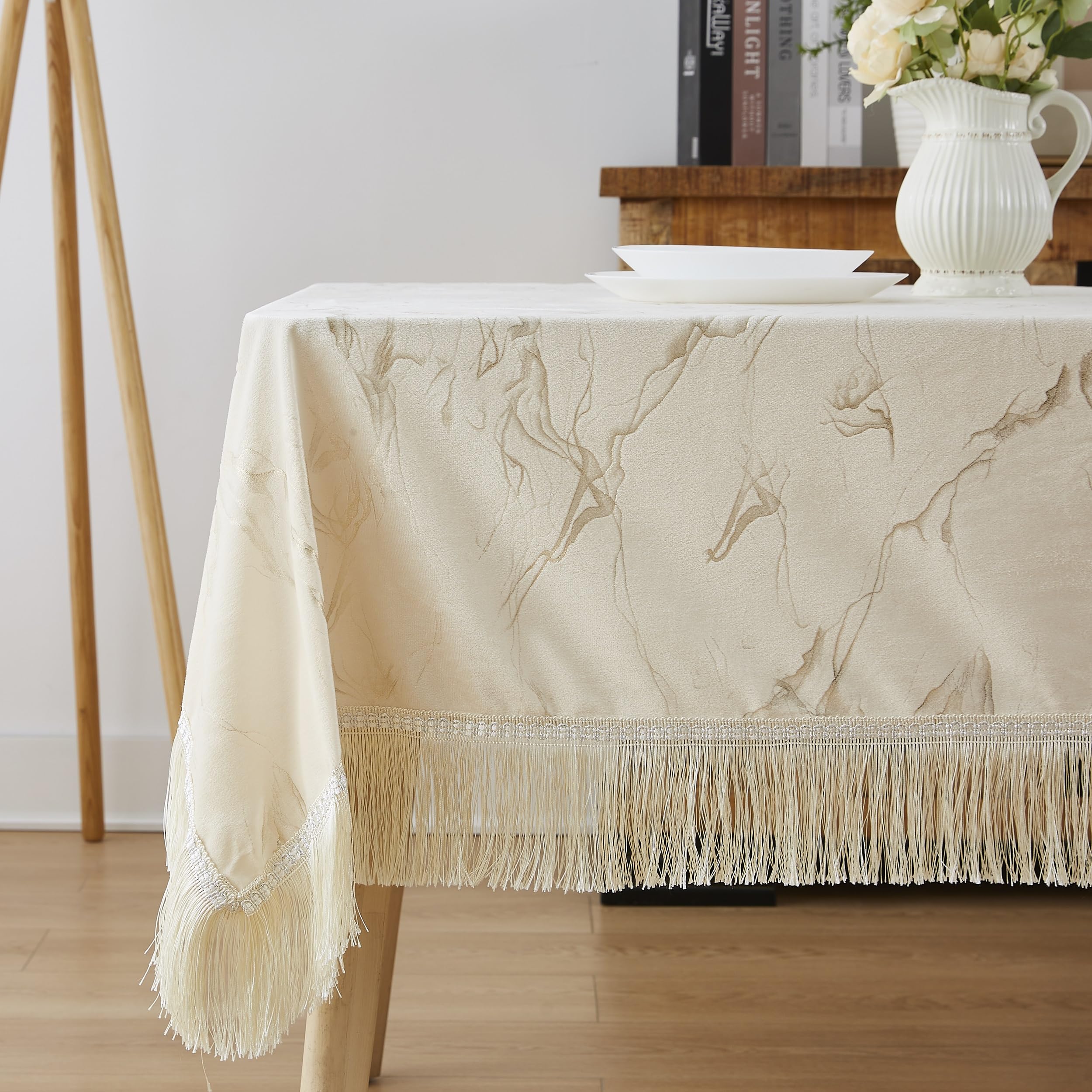 Warm Home Designs Beige Velvet Tablecloth. 60 x 84 Inch Rectangle Table Cloth. Cream Tablecloth from Printed Foil Velvet Fabric is Great as Holiday