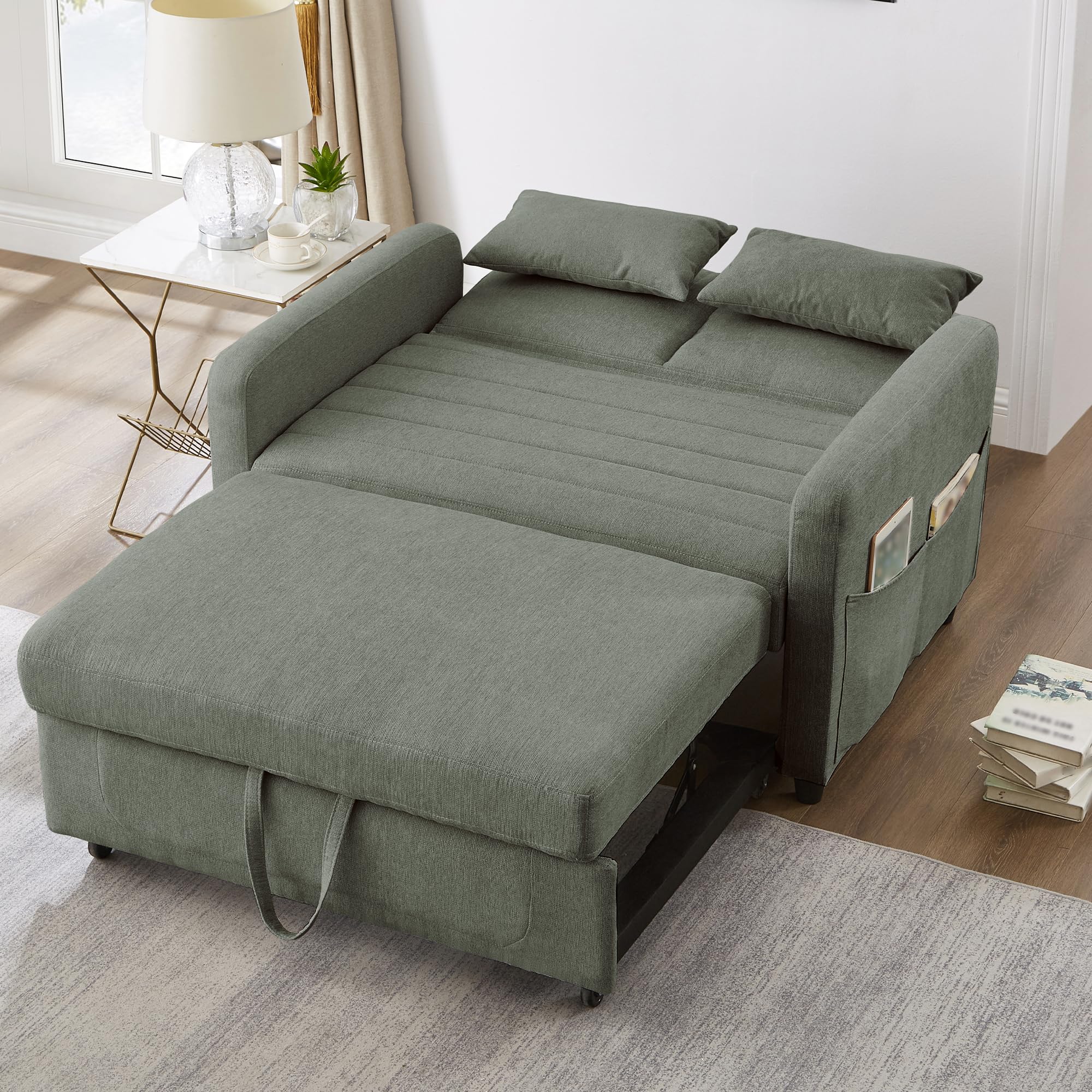 Divano letto a 2 posti con funzione di sonno, piccolo divano letto, 166 x 114 cm, divano pieghevole 3 in 1, allungabile con schienale regolabile, tasche laterali, tessuto di cotone e lino (verde