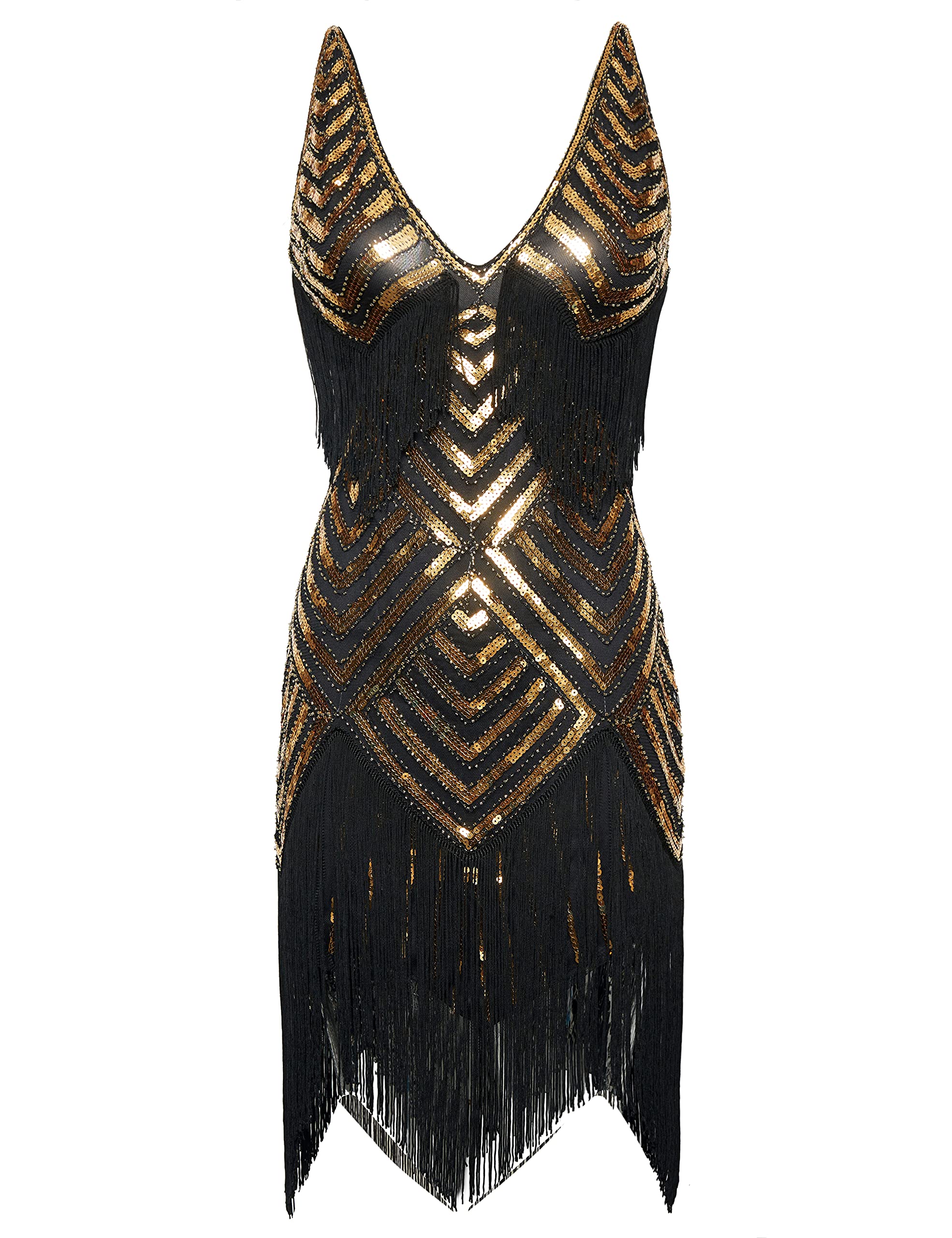 BABEYOND Robe style années 1920 avec col en V pour femme, style Gatsby le Magnifique, noir/doré, Taille S