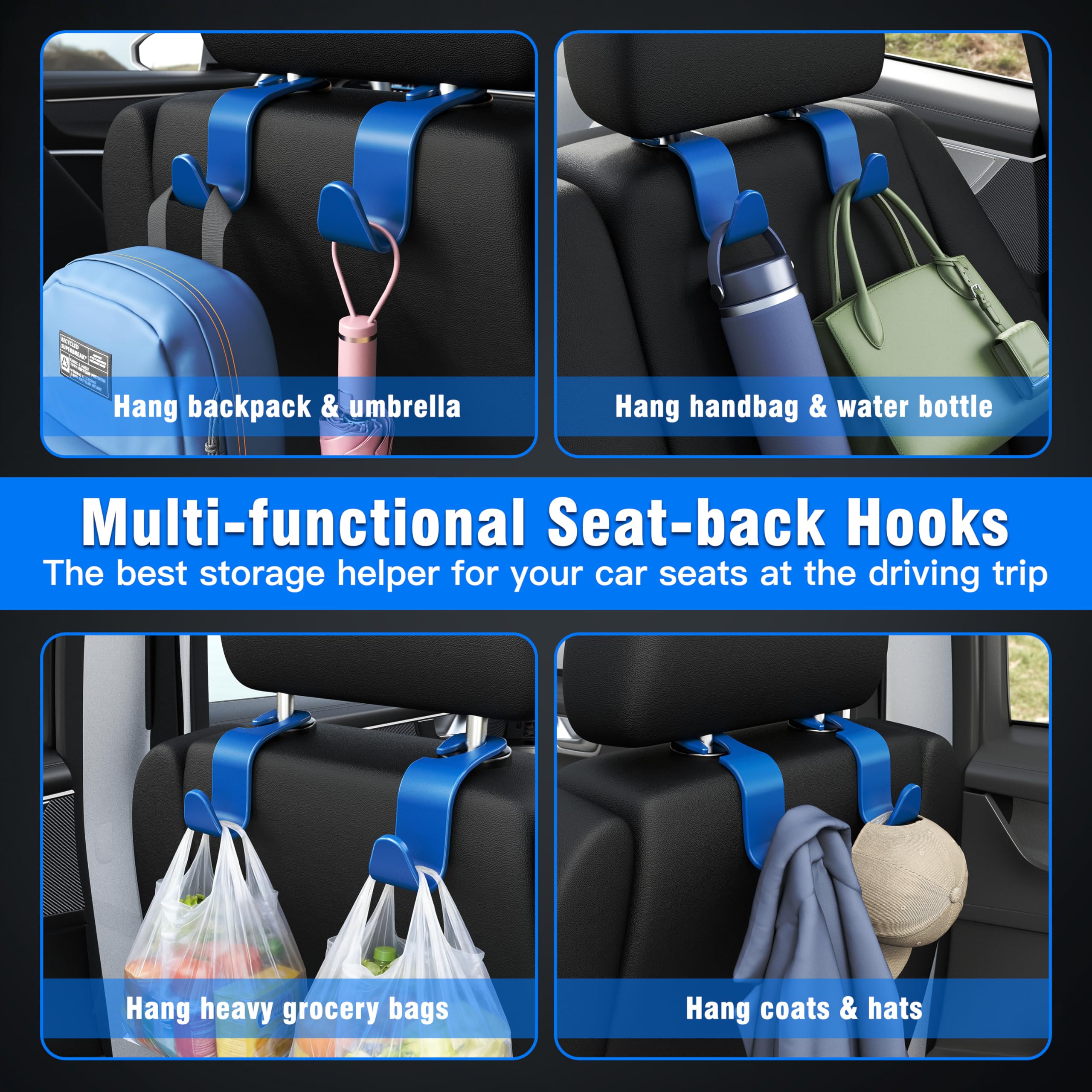 4-Pack Car Headrest Hooks Holds 55lbs Seat Storage Organizer for Bags view 3