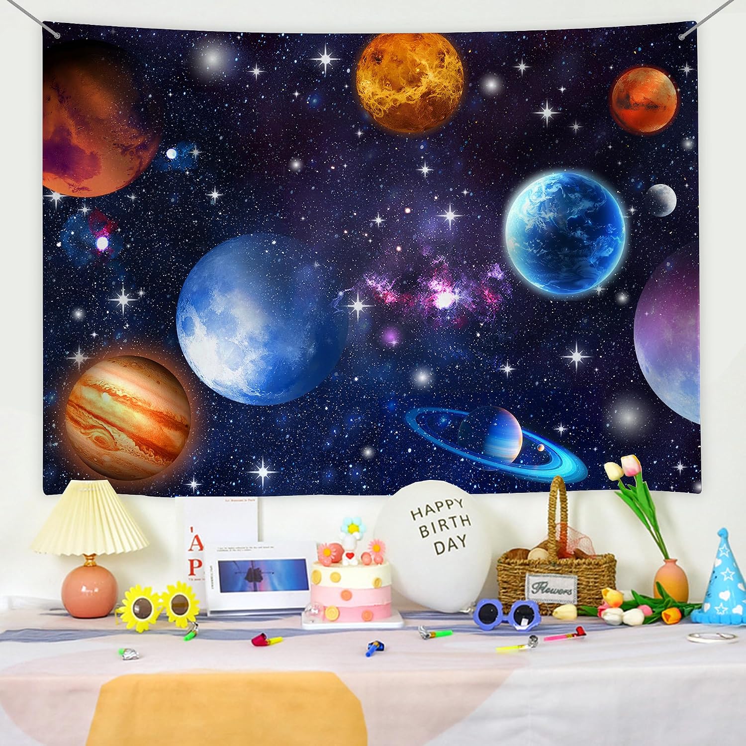 7X5FT Outer Space Backdrop Galaxy Universe Planet Backdrops for Planet Theme Birthday Party, Boys Girls Starry Photography Background Decorations