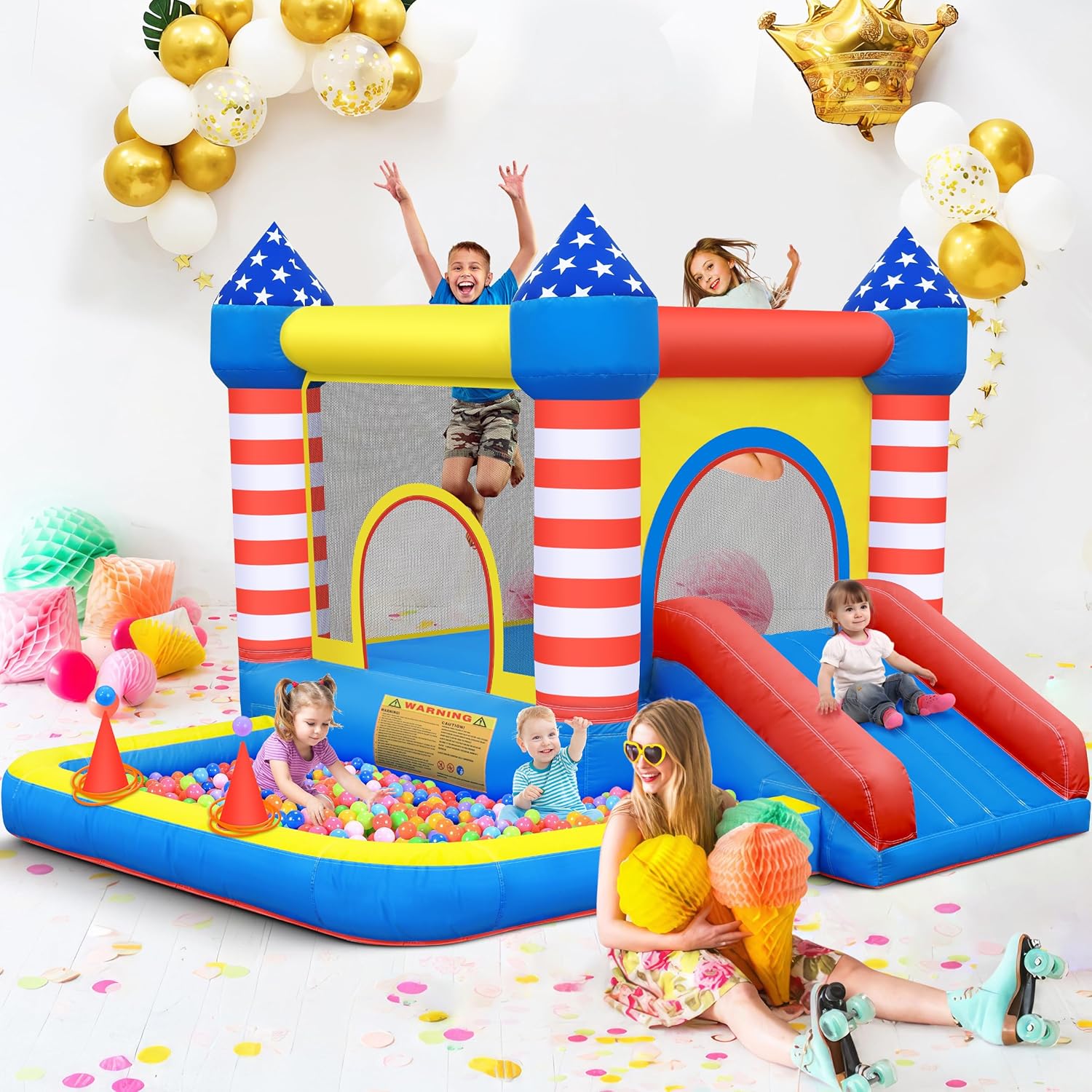 Culaluva Inflatable Bounce House: Bouncer Bouncy Castle 5 in 1 with Ball Pit & Slide for Kids Aged 3-8 - with 370W Blower & Storage Bag - Indoor Outdoor Play Stripes Style