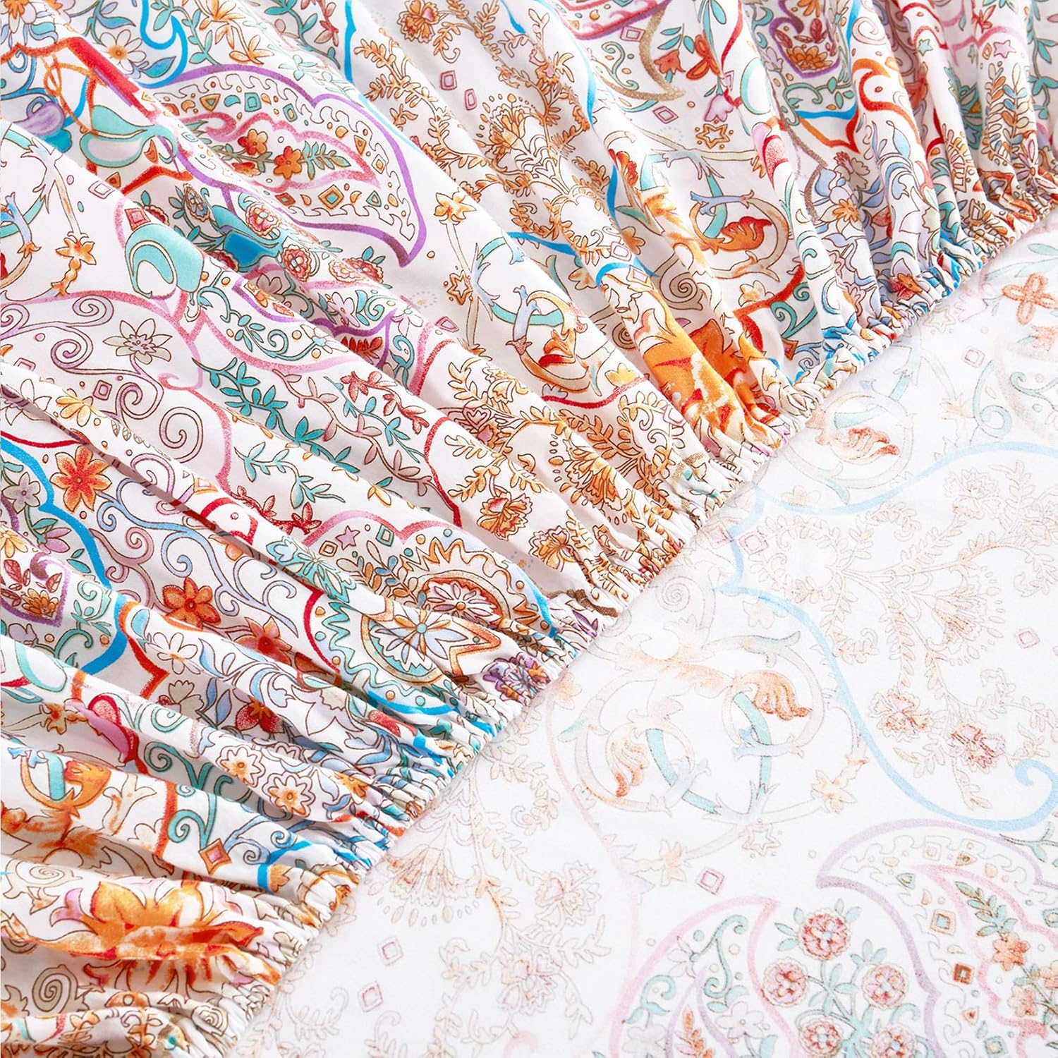 Wake In Cloud - Boho Bed Sheets, 100% Cotton, 4-Piece Sheet Set, Bohemian Hippie Chic Paisley Patterned Aesthetic Bedding, Deep Pocket, Turquoise Orange, King Size