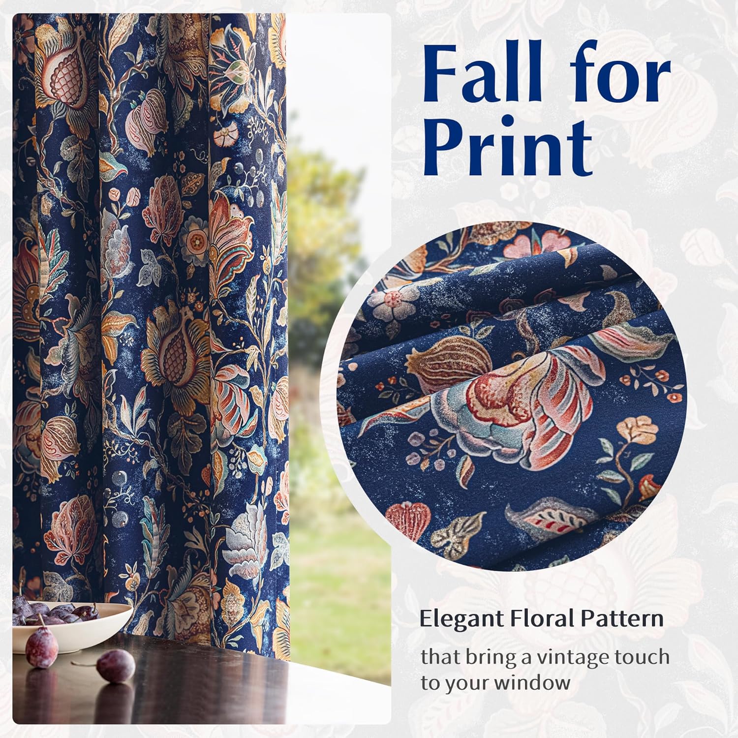FMFUNCTEX 100% Boho Blackout Floral Curtains for Bedroom, Vintage Flower Patterned Blue Curtains 84 Inch Length for Living Room Darkening Thermal Insulated Grommet Window Farmhose Drapes 2 Panels