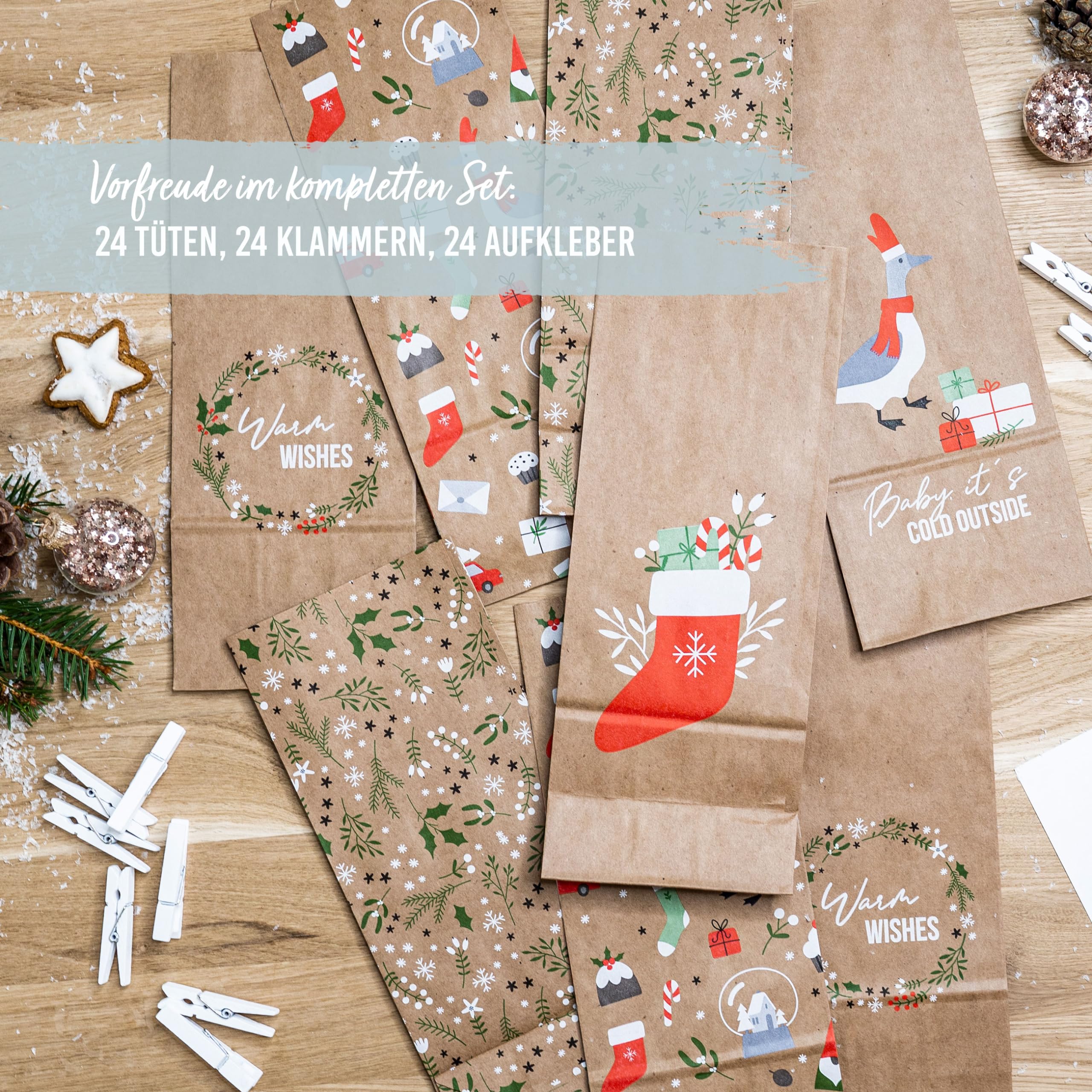 Papierdrachen Advent Calendar to Fill - 24 Brown Printed Gift Bags and 24 Stickers with Numbers and Paper Clips - Christmas Design - Image 3