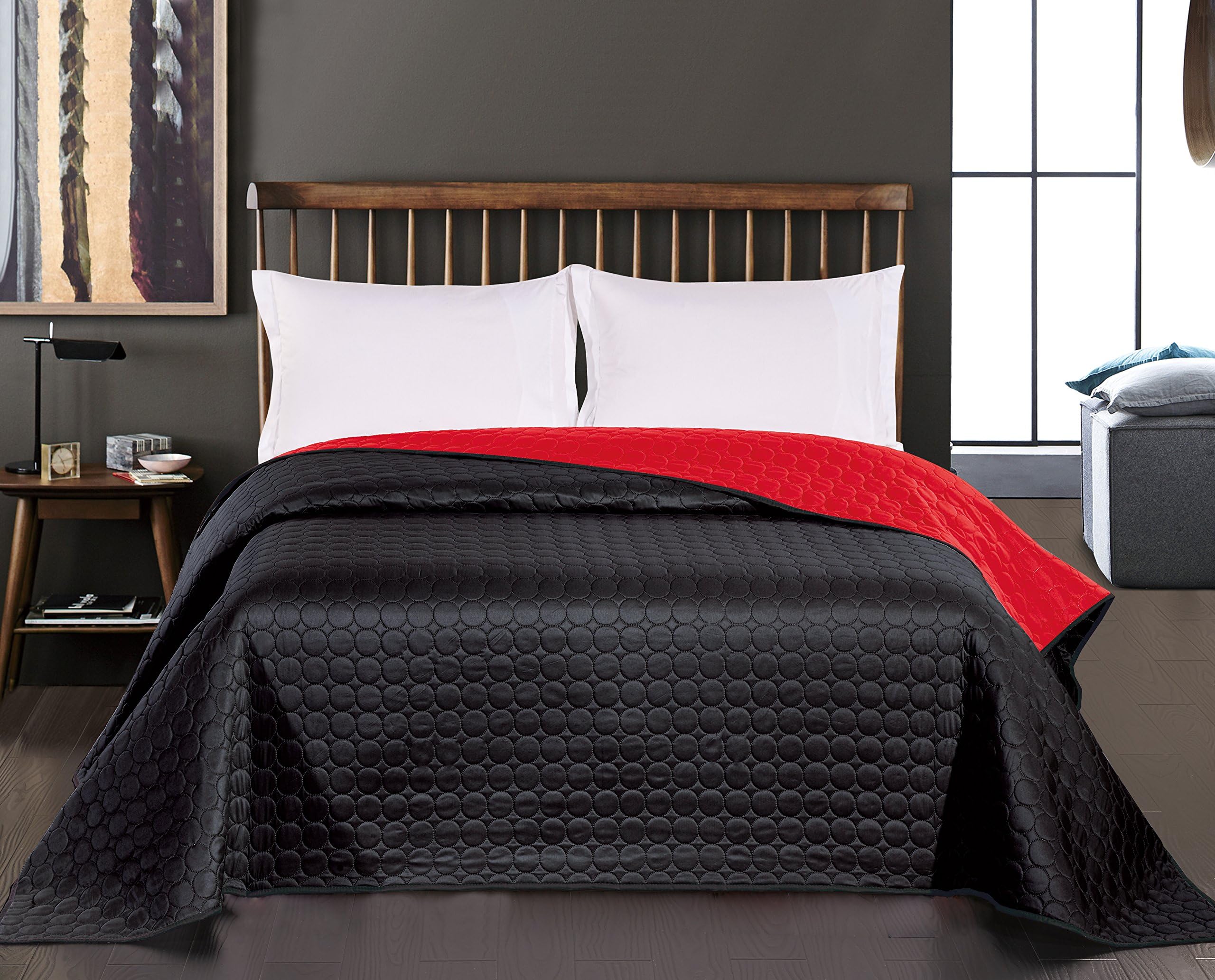 DecoKing Single Twin 170x210 cm Reversible Bedspread Quilted Circles Pinsonic Easy Care Lightweight Microfibre Black Red