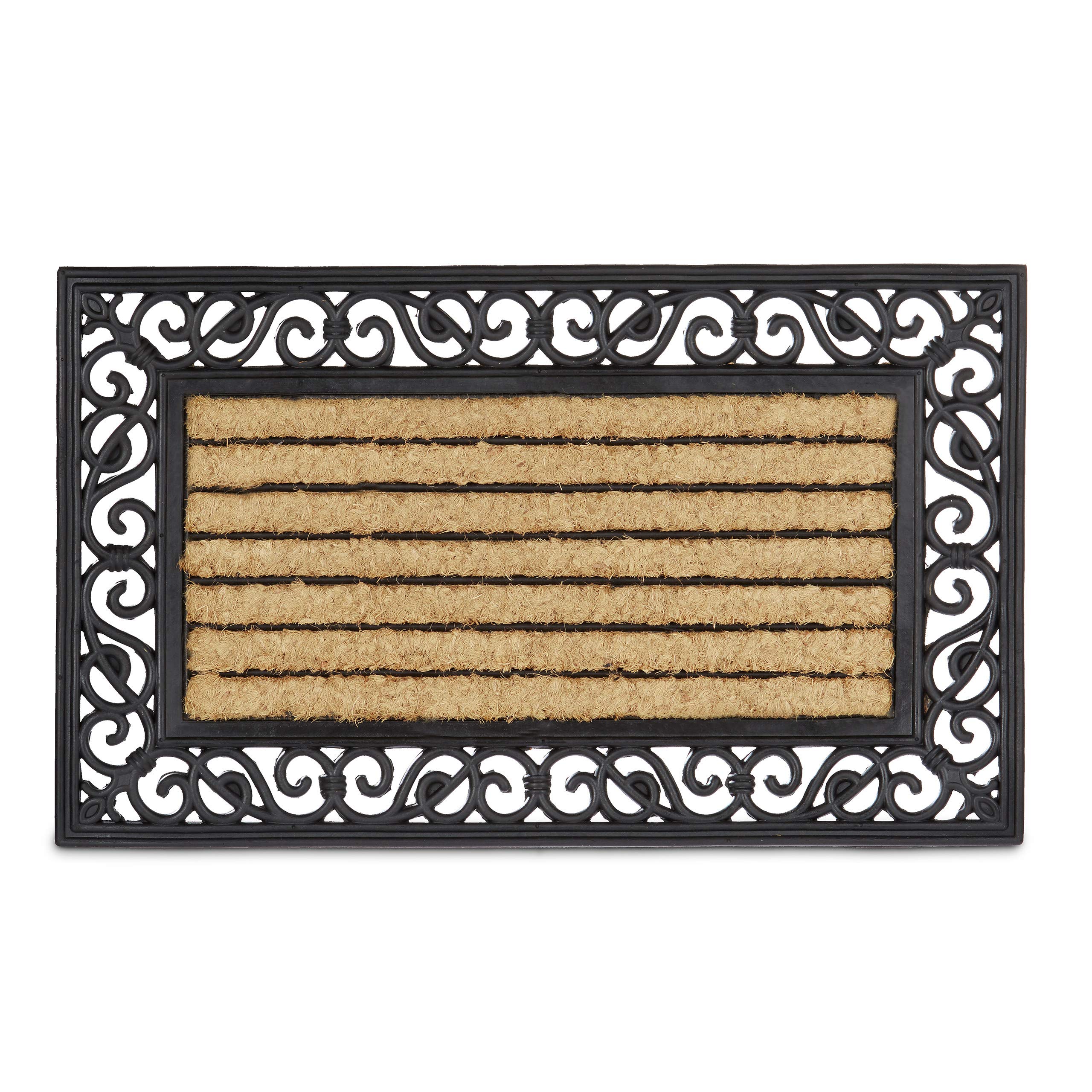 Relaxdays Paillasson fibres de coco tapis de sol rectangle résistant rayé fleur 75x45 cm antidérapant, nature/noir, 80 x 150 cm