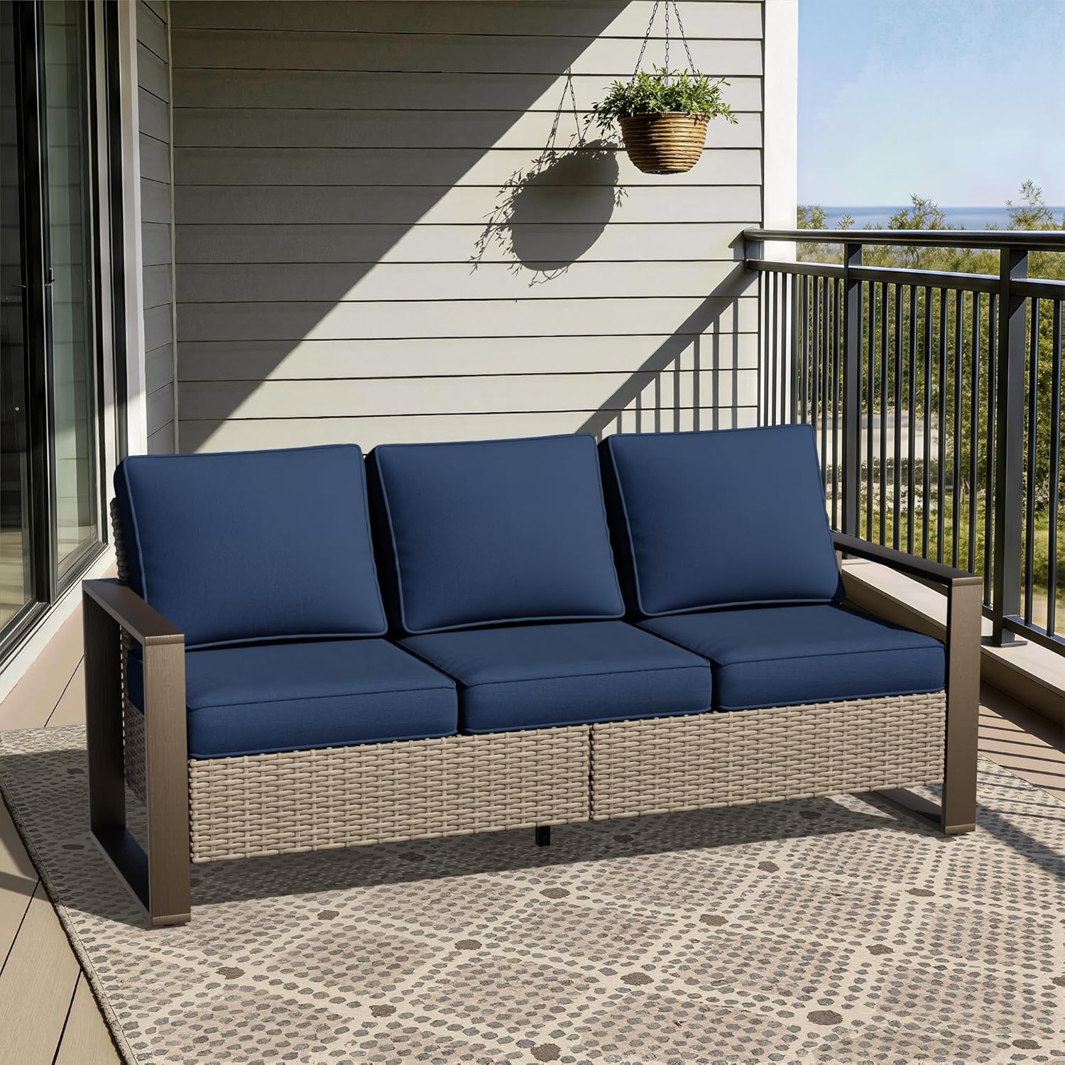 Joyside Outdoor Patio Wicker Sofa, 3-Seater Rattan Sofa with Thick Olefin Cushions and Metal Steel Rectangular Framed Armrest -Looking Metal Armrest Suitable for Garden, Backyard, Porch, Deck
