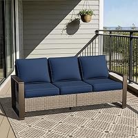 Vista 10 de Joyside Sofá de mimbre para patio al aire libre, sofá de ratán de 3 plazas con cojines gruesos de olefina y reposabrazos rectangular con marco