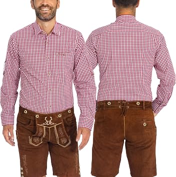 BAVARIA TRACHTEN German Oktoberfest Shirts for Men - Authentic German Lederhosen Shirt Men - Original Bavarian Shirt for Lederhosen Outfit - Checkered Red - Classic - Size S
